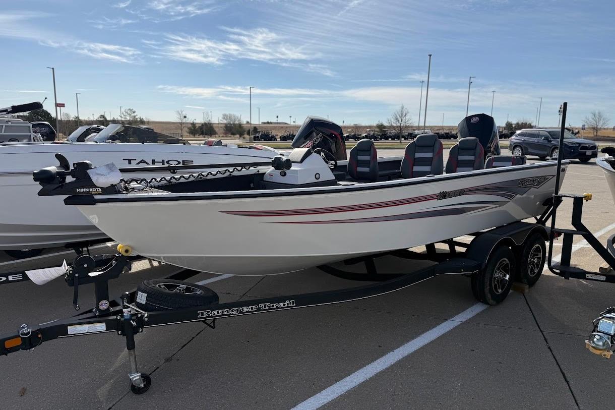 2026 Ranger VS1882SC Reata boat on trailer in parking lot.