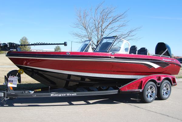 2024 Ranger 620FS Pro fishing boat on a trailer, red and black color scheme.