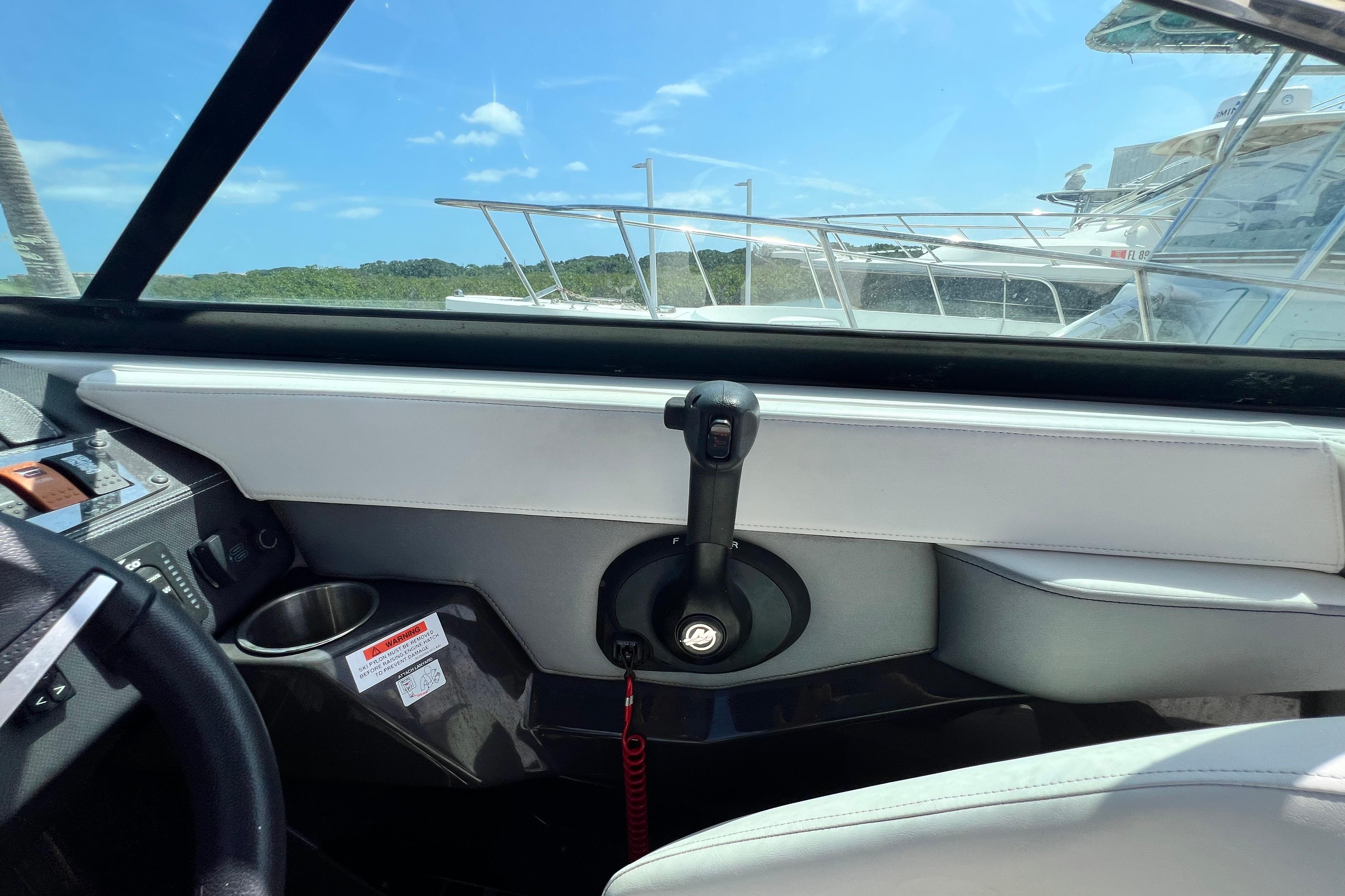 Interior view of a 2015 Monterey 268SS Super Sport boat cockpit.