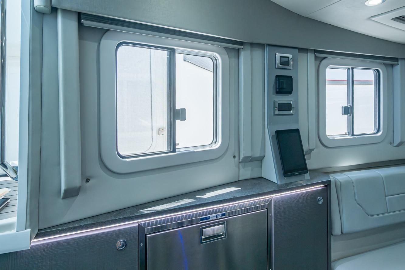 Interior of 2019 Formula 430 Super Sport Crossover with modern design and sleek windows.