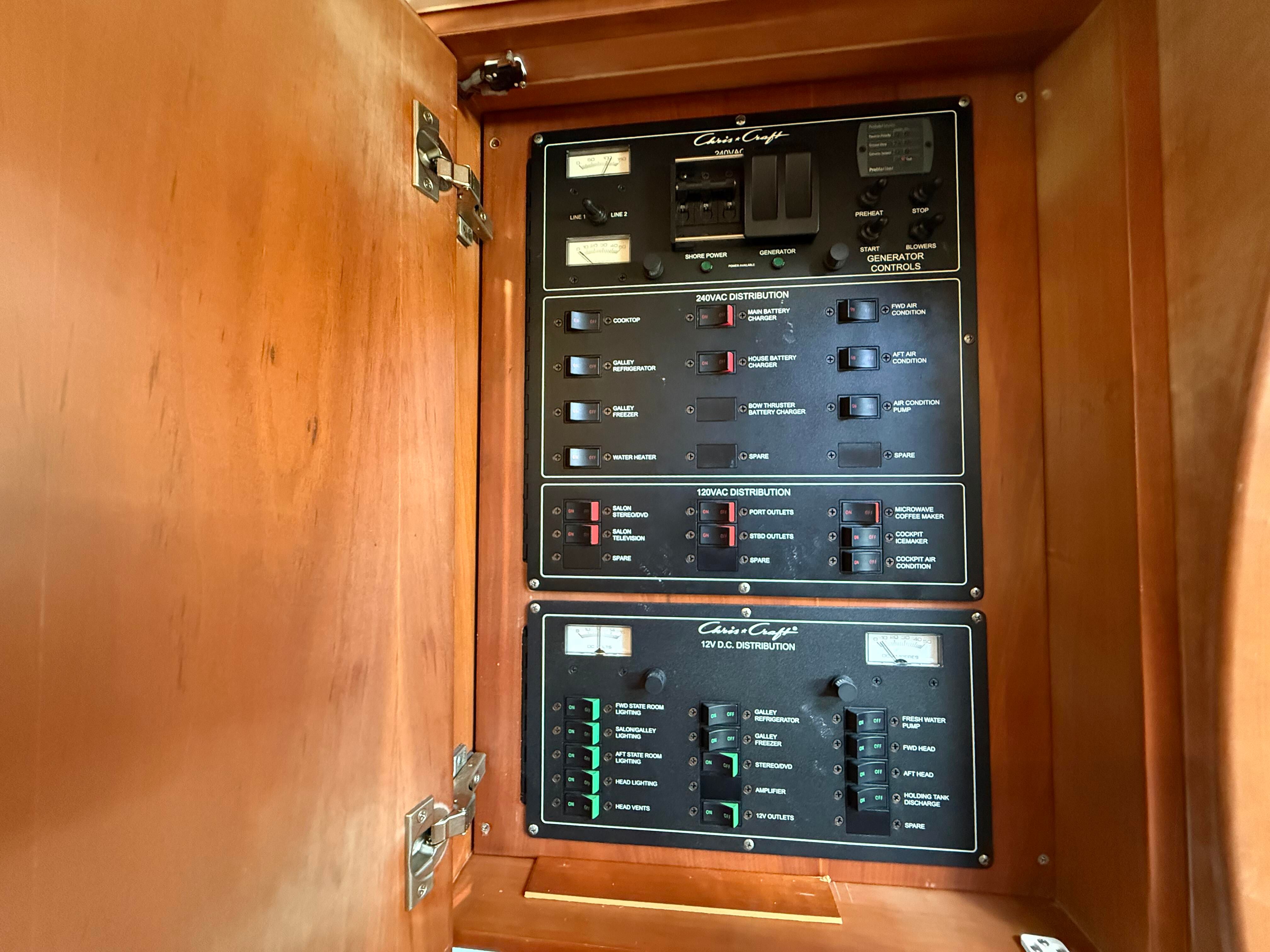 Electrical control panel inside a 2007 Chris-Craft Roamer 40.