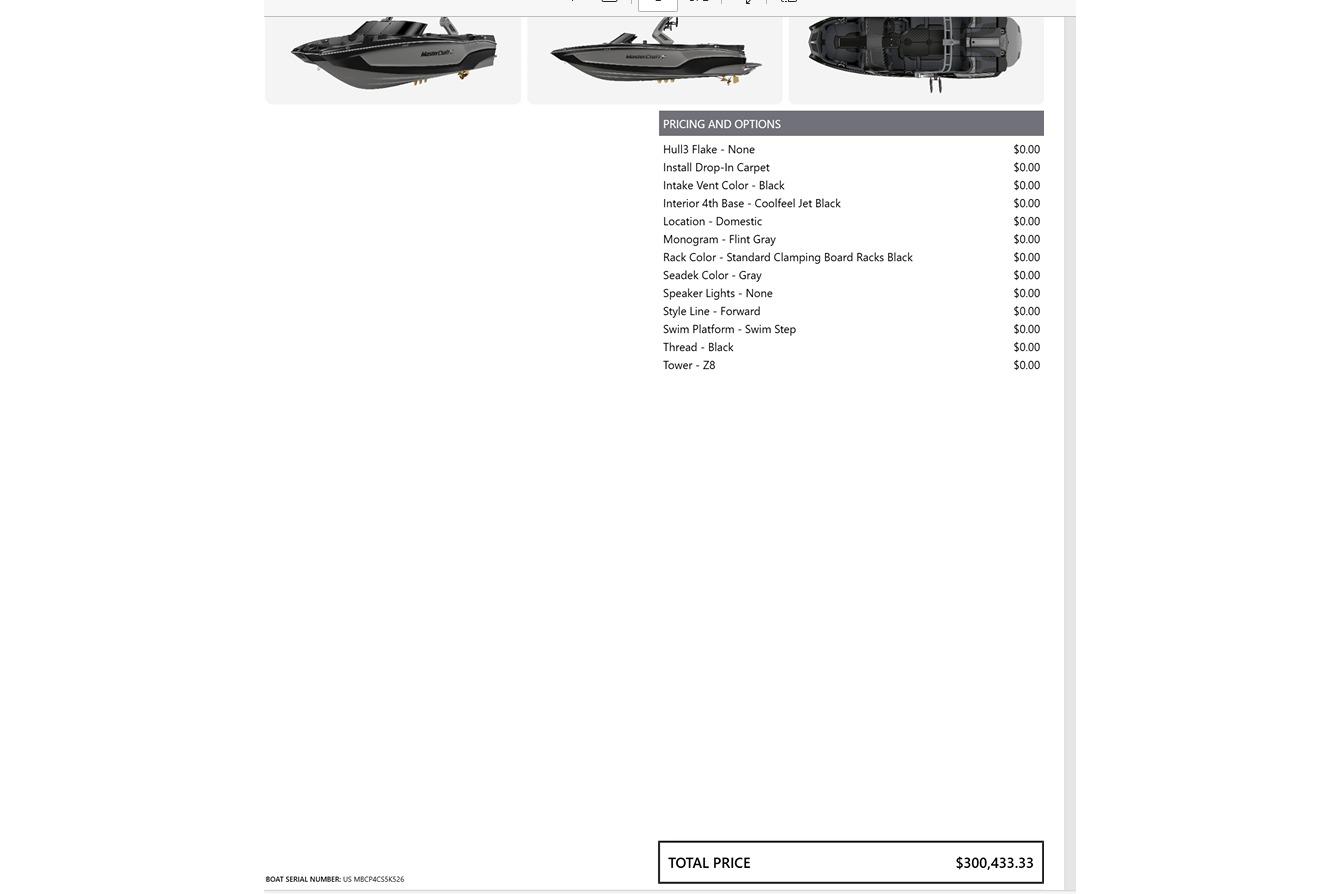 2026 MasterCraft XT24 boat with pricing options, total price $300,433.33.