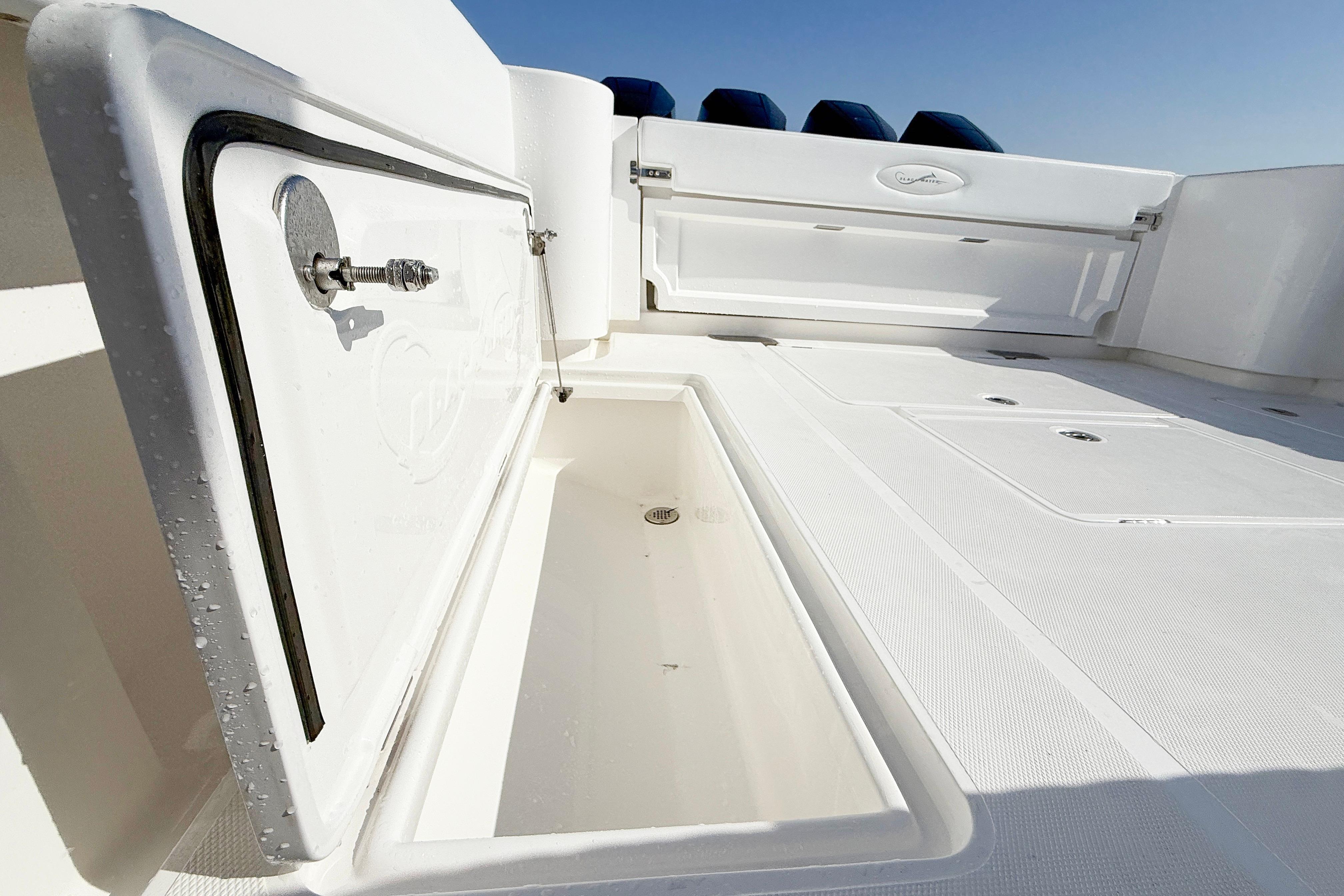2026 Blackwater 41 Sportfish boat deck with open storage compartments.