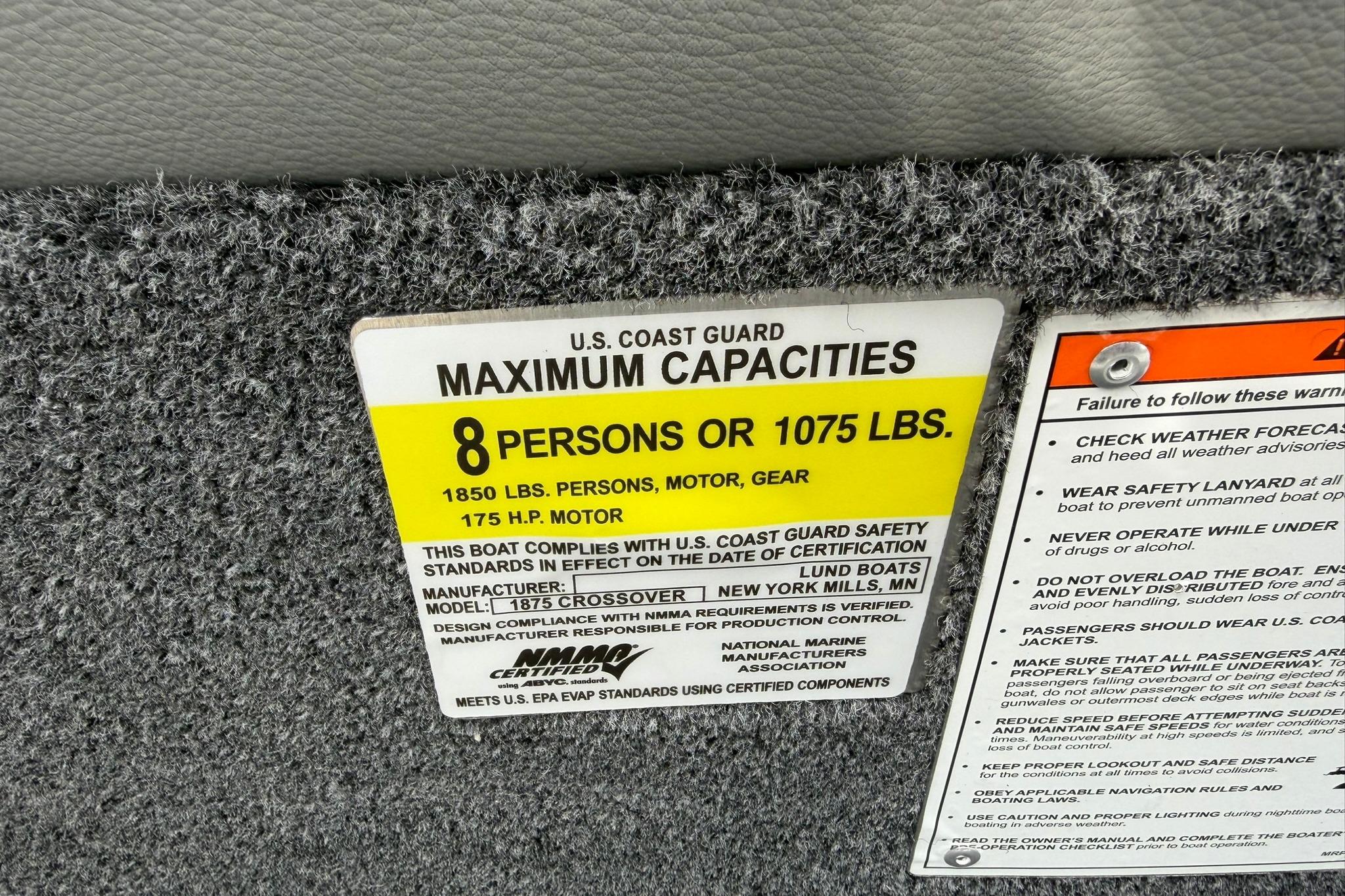 U.S. Coast Guard capacity label for 2027 Lund 1875 Crossover XS, 8 persons or 1075 lbs.