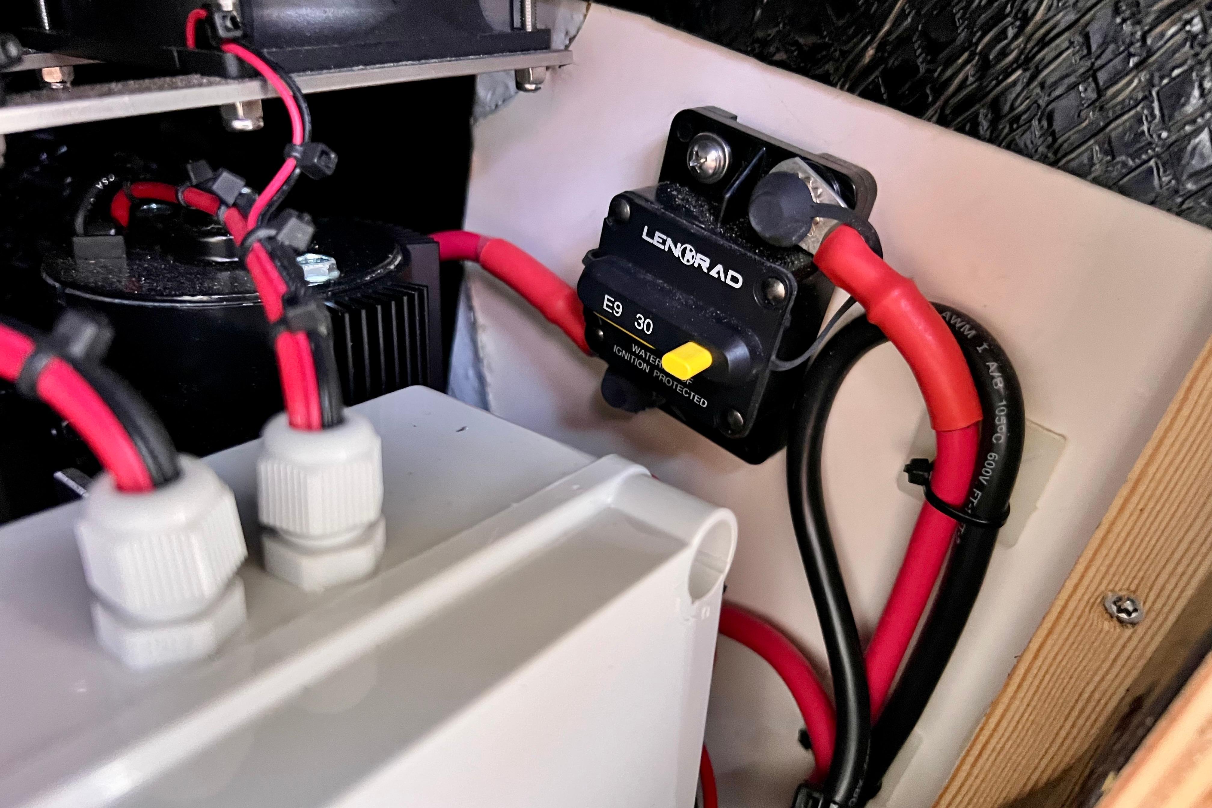 Electrical wiring and components inside a 2016 Hanse 455 yacht.