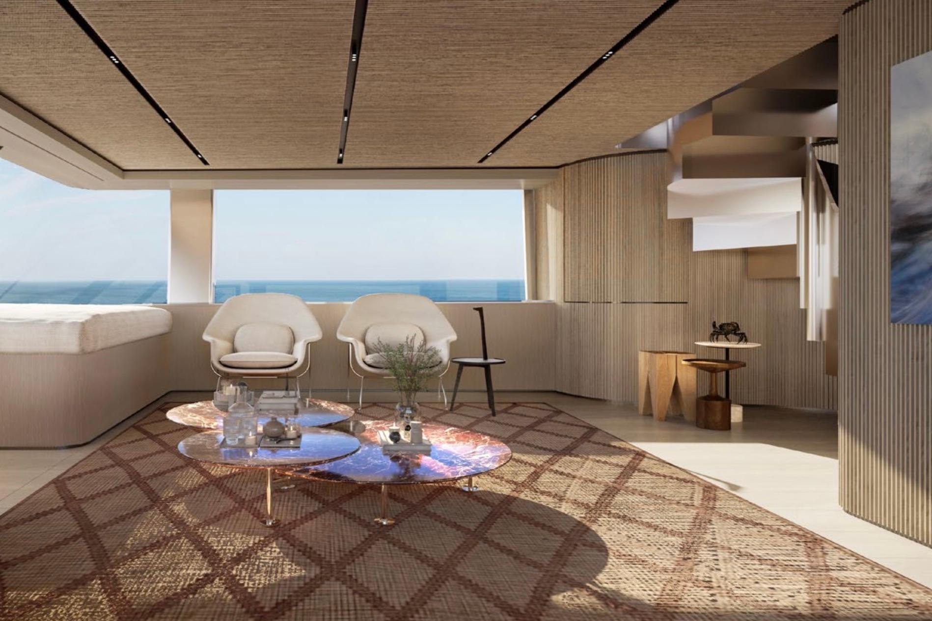 Luxurious interior of 2027 Sanlorenzo SX120 yacht, featuring modern seating and ocean views.