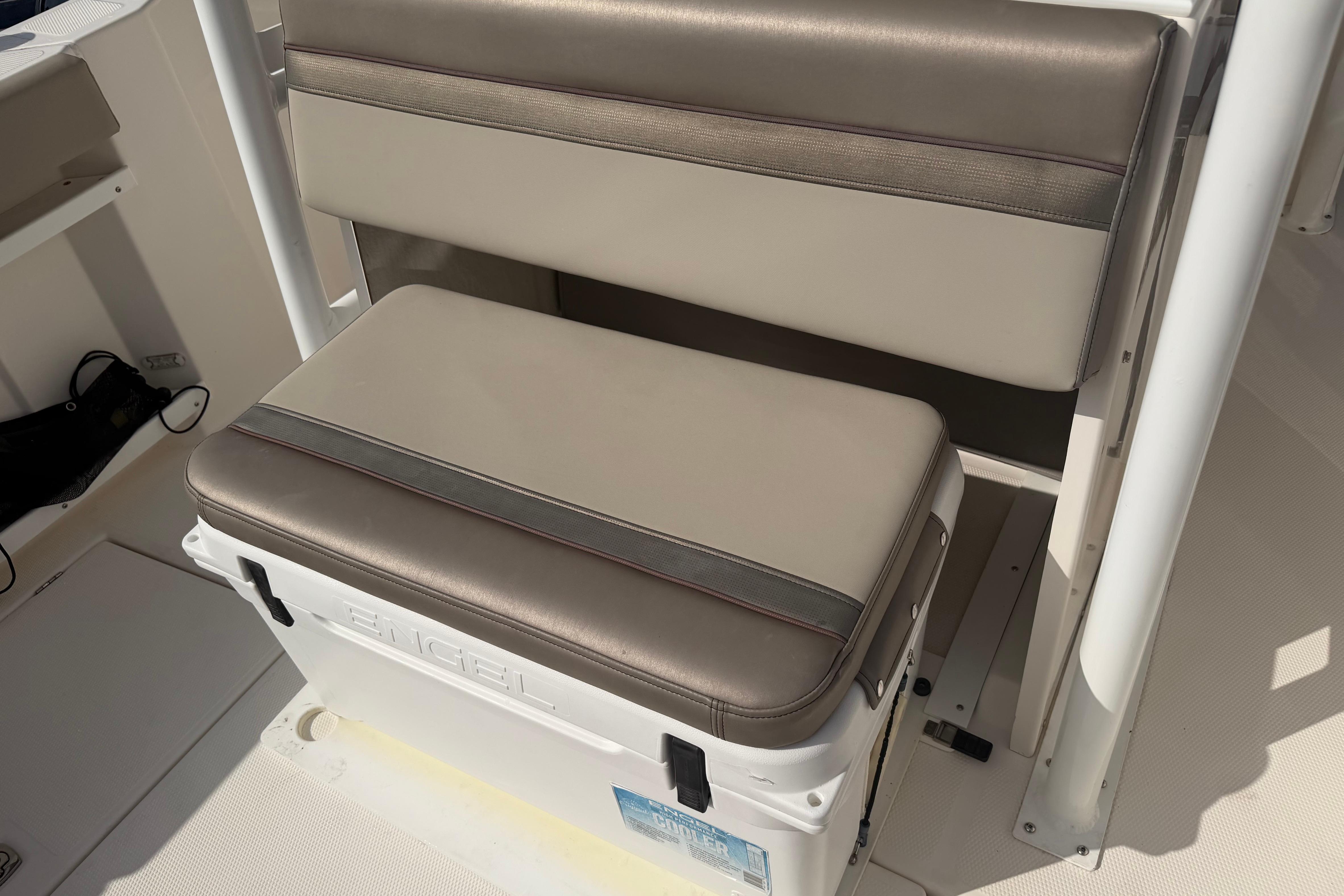 Boat seating with Engel cooler on 2020 Solara S-250 CW.