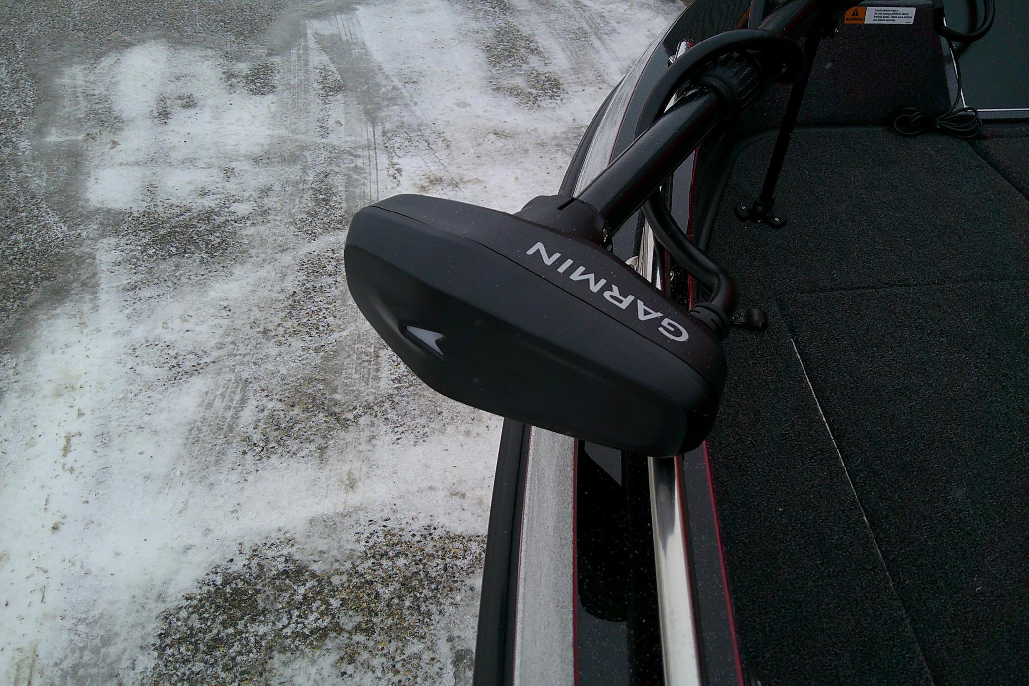 2026 Ranger 620xFS Pro boat with Garmin trolling motor on snowy ground.