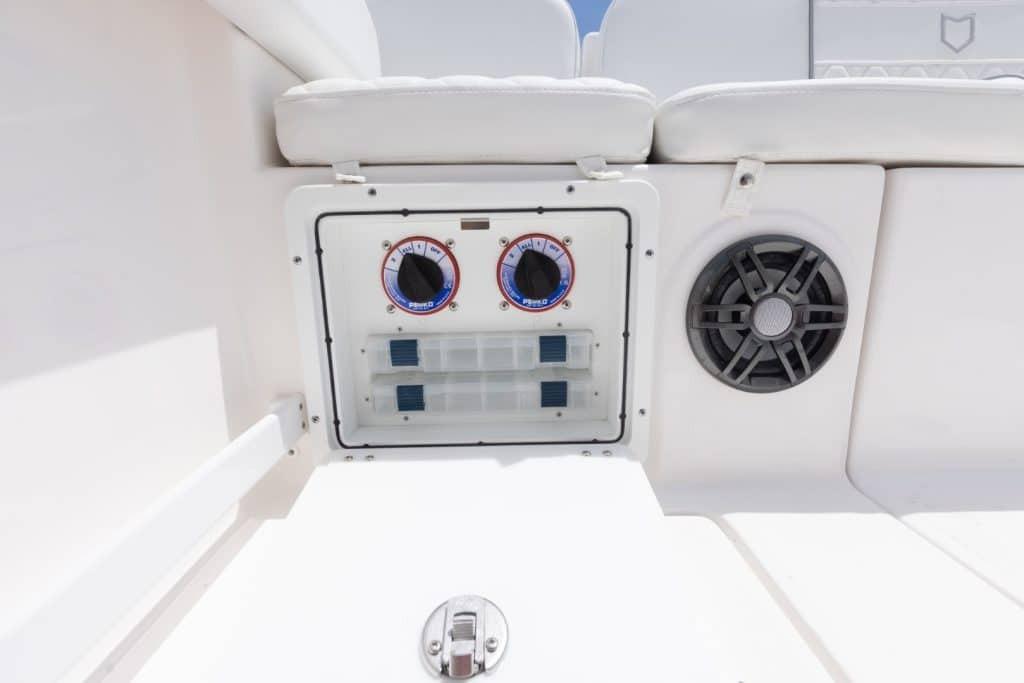 2027 Sea Fox 268 Commander boat interior with control panel and speaker.