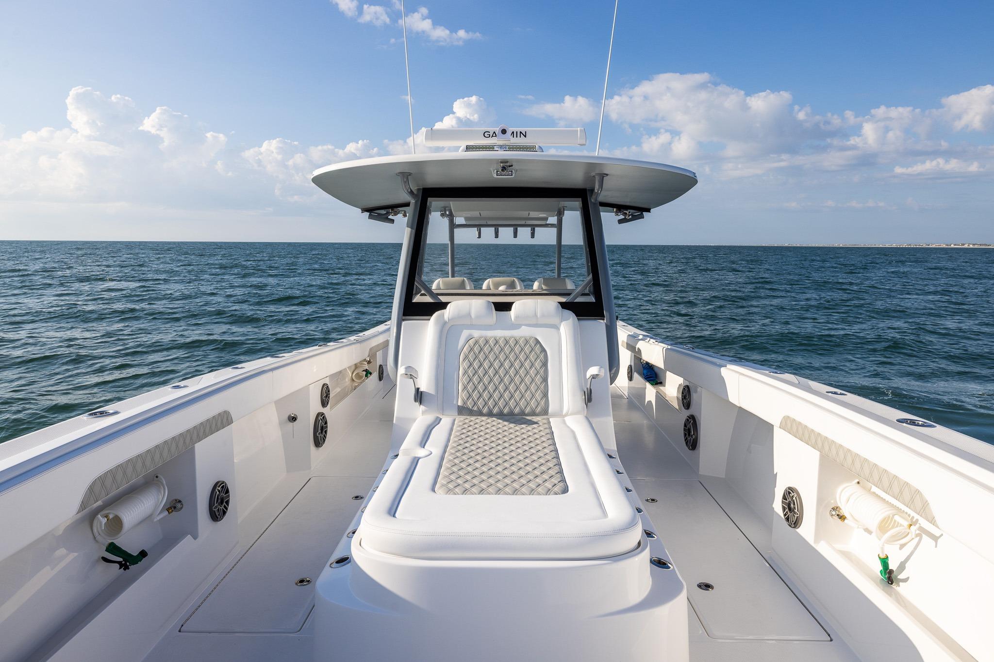 2026 Front Runner 37 Catamaran on open water, showcasing sleek design and spacious deck.