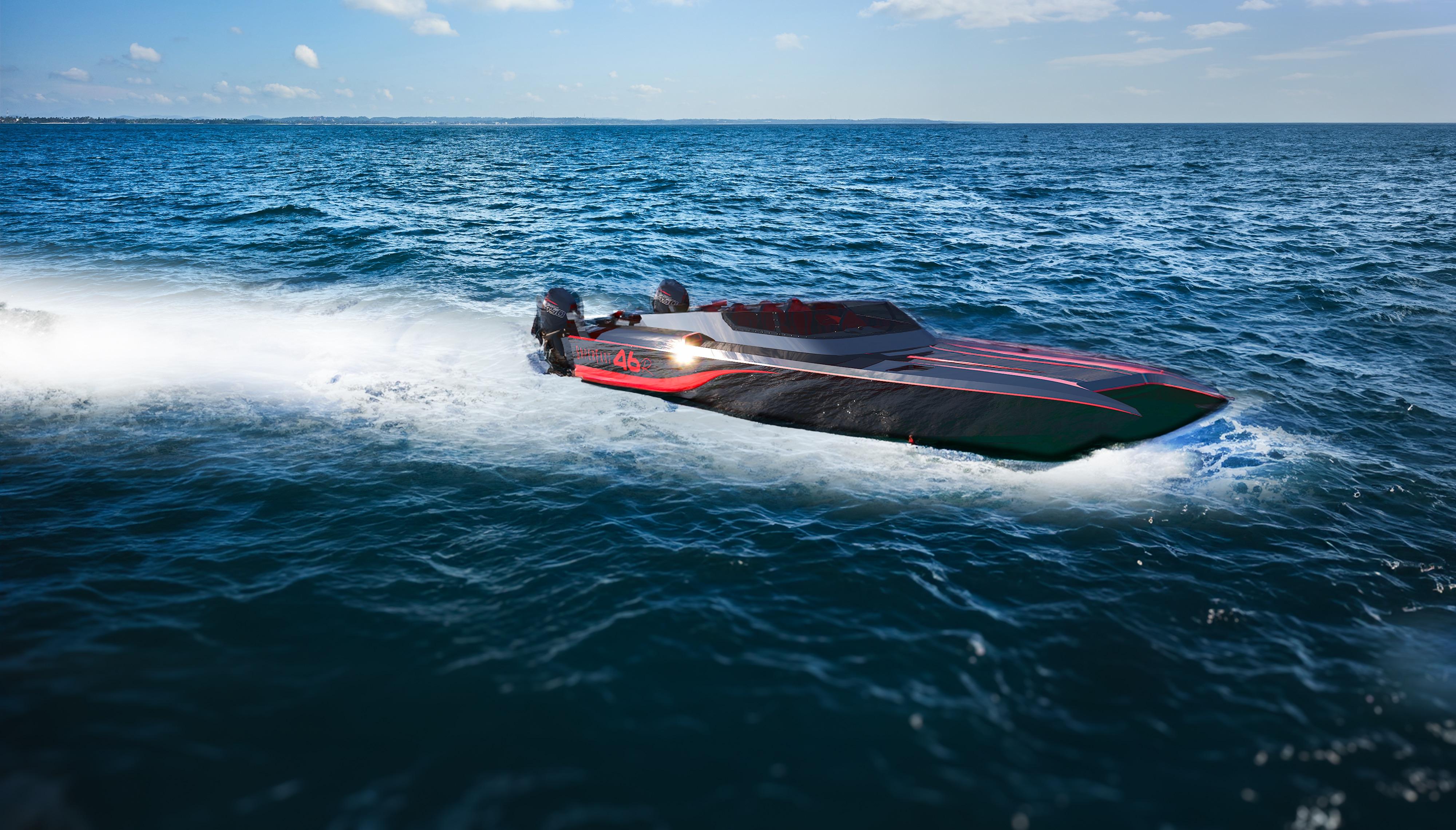 2025 VisionF Superfast 46R speedboat cruising on open ocean under clear skies.