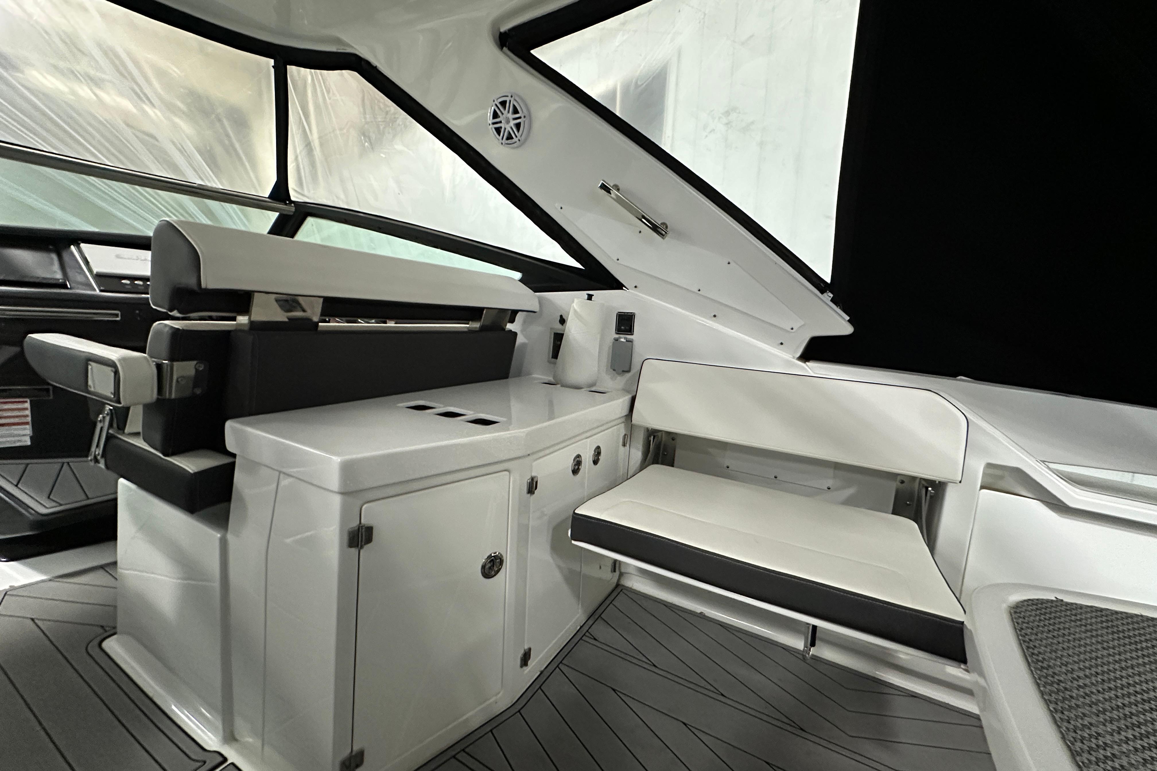 Interior of 2023 Monterey 378SS Super Sport boat with sleek seating and modern design.