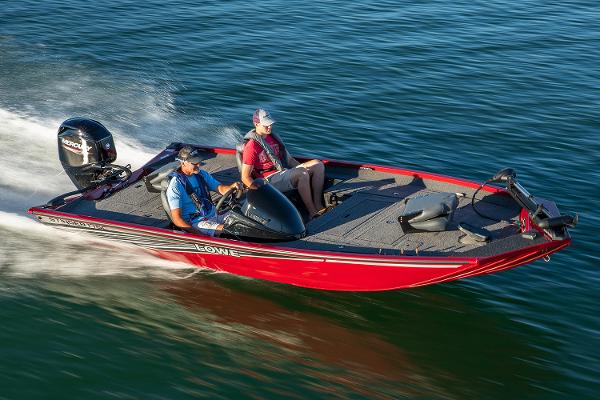 Manufacturer Provided Image: 2021 Lowe Stinger 175C boat speeding on water, two people onboard.