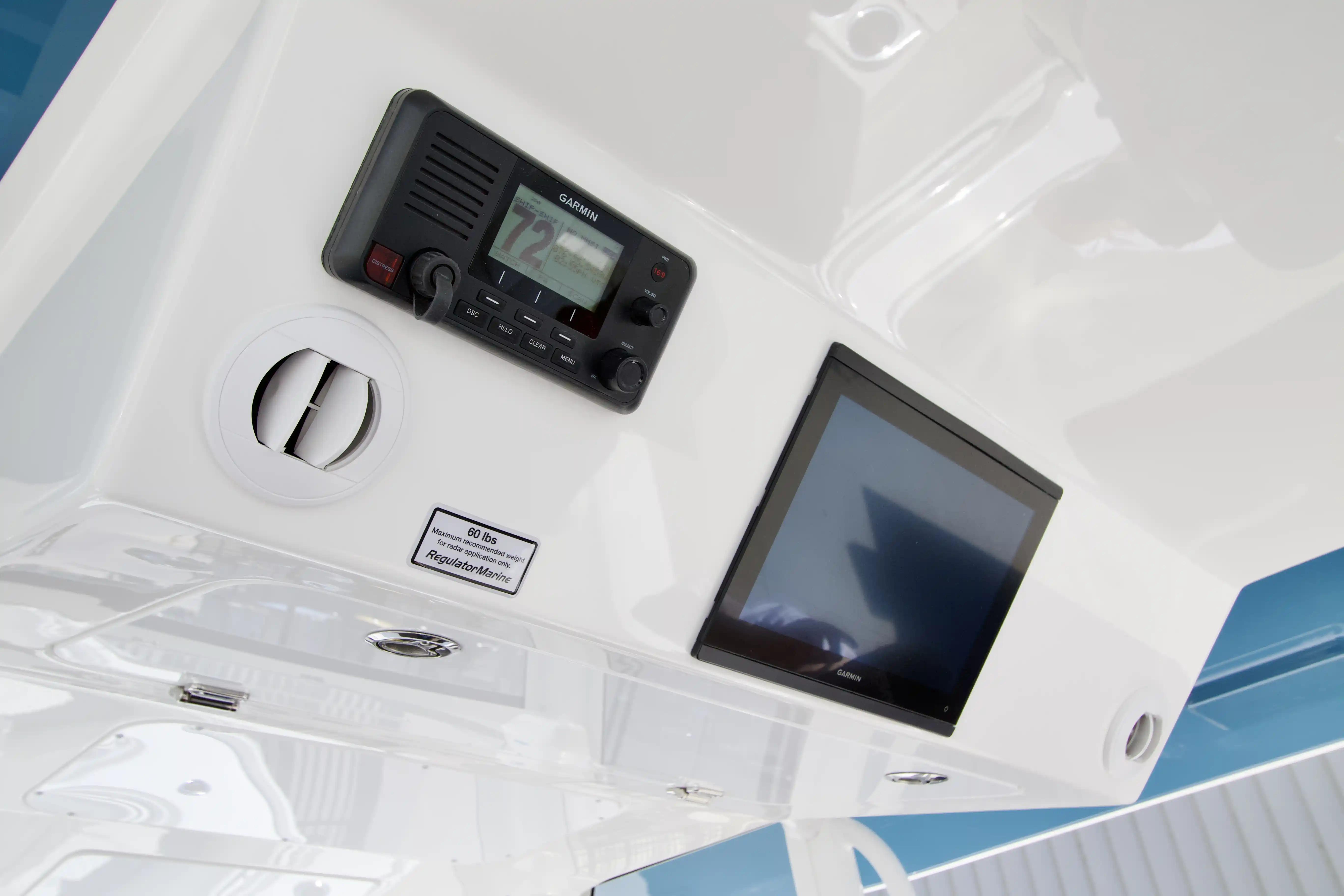2027 Regulator 35 boat dashboard with Garmin electronics and control panel.