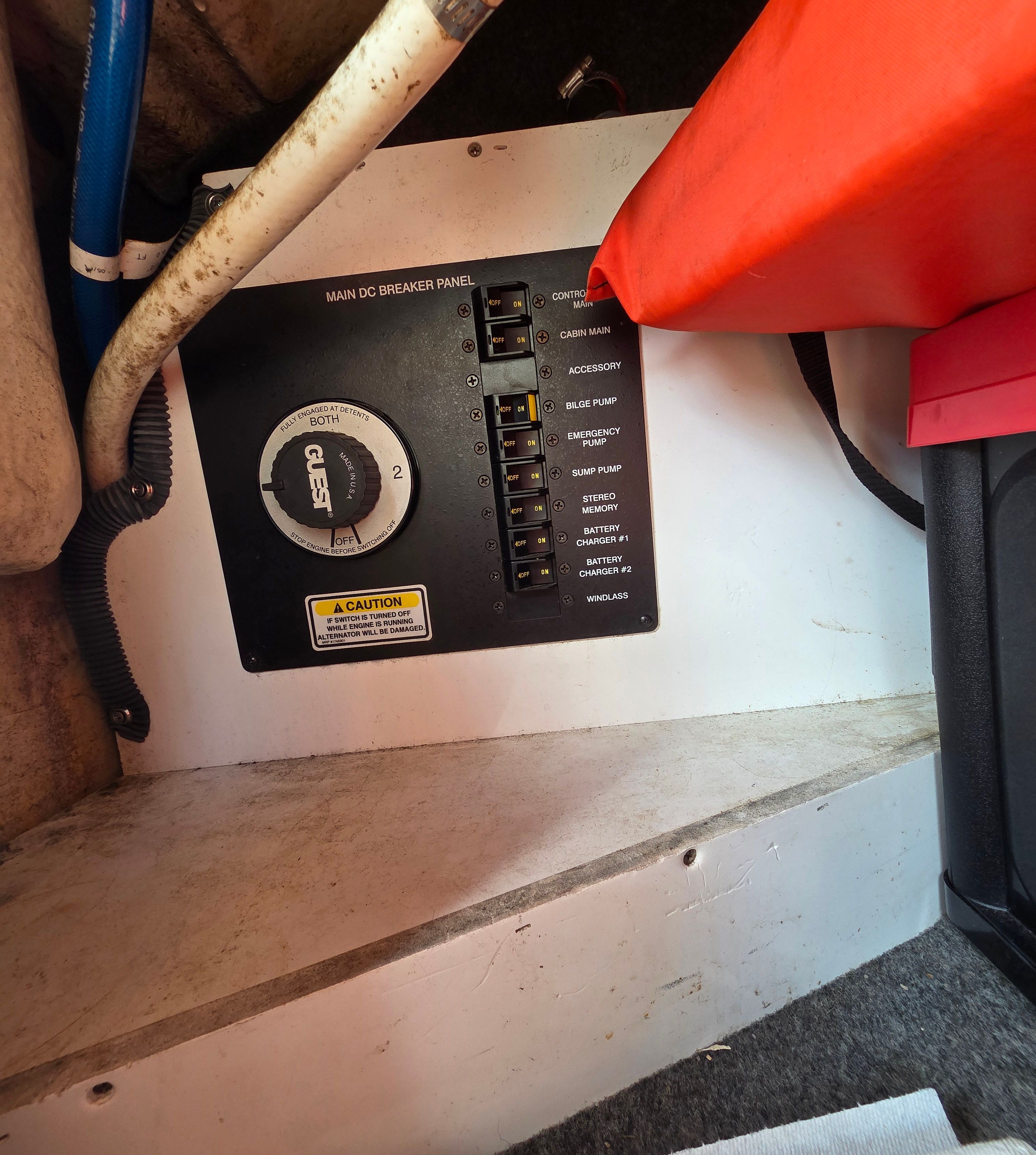 Main breaker panel in a 2005 Sea Ray Sundancer 260.