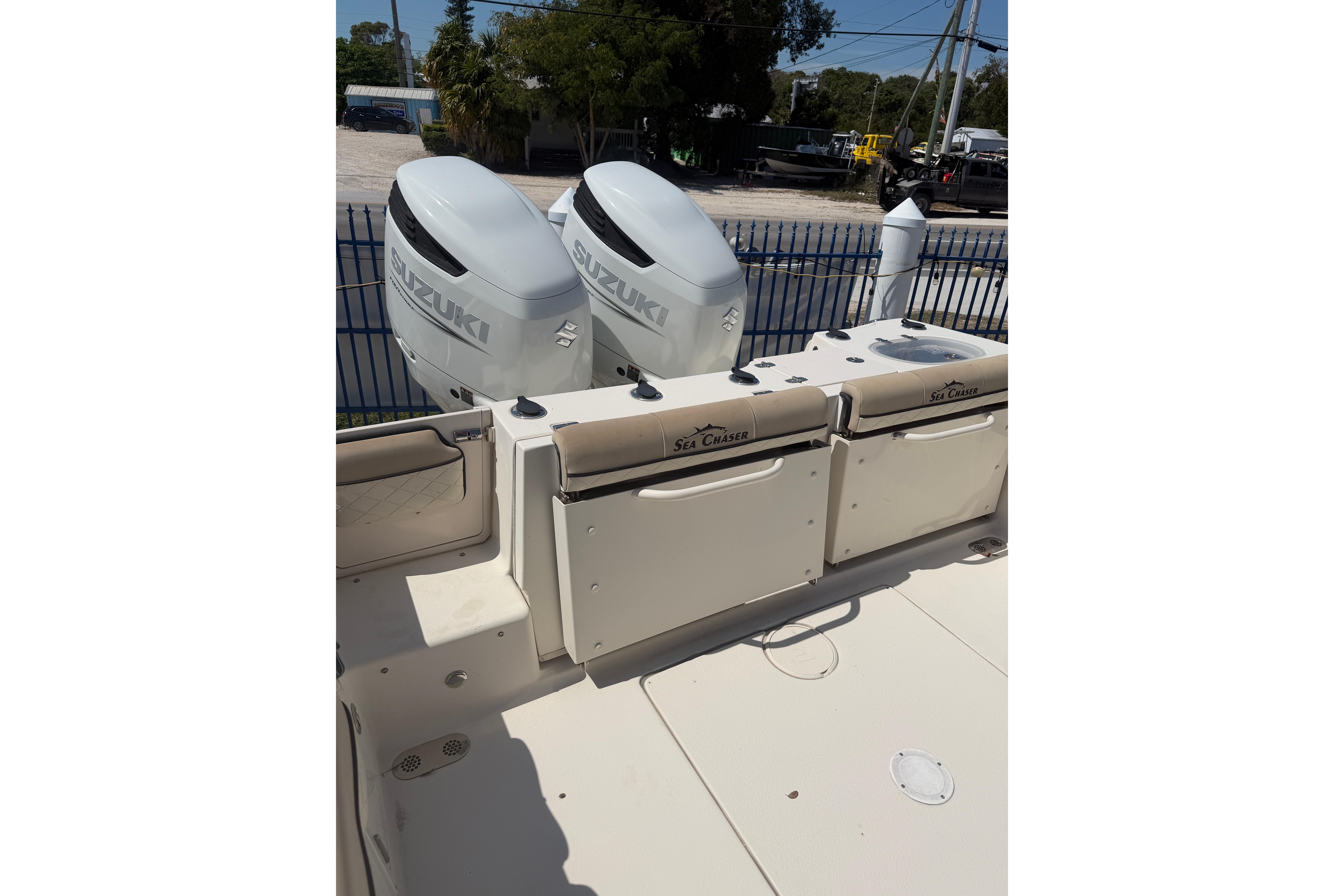 2021 Sea Chaser 30 HFC CC boat with dual Suzuki outboard engines.