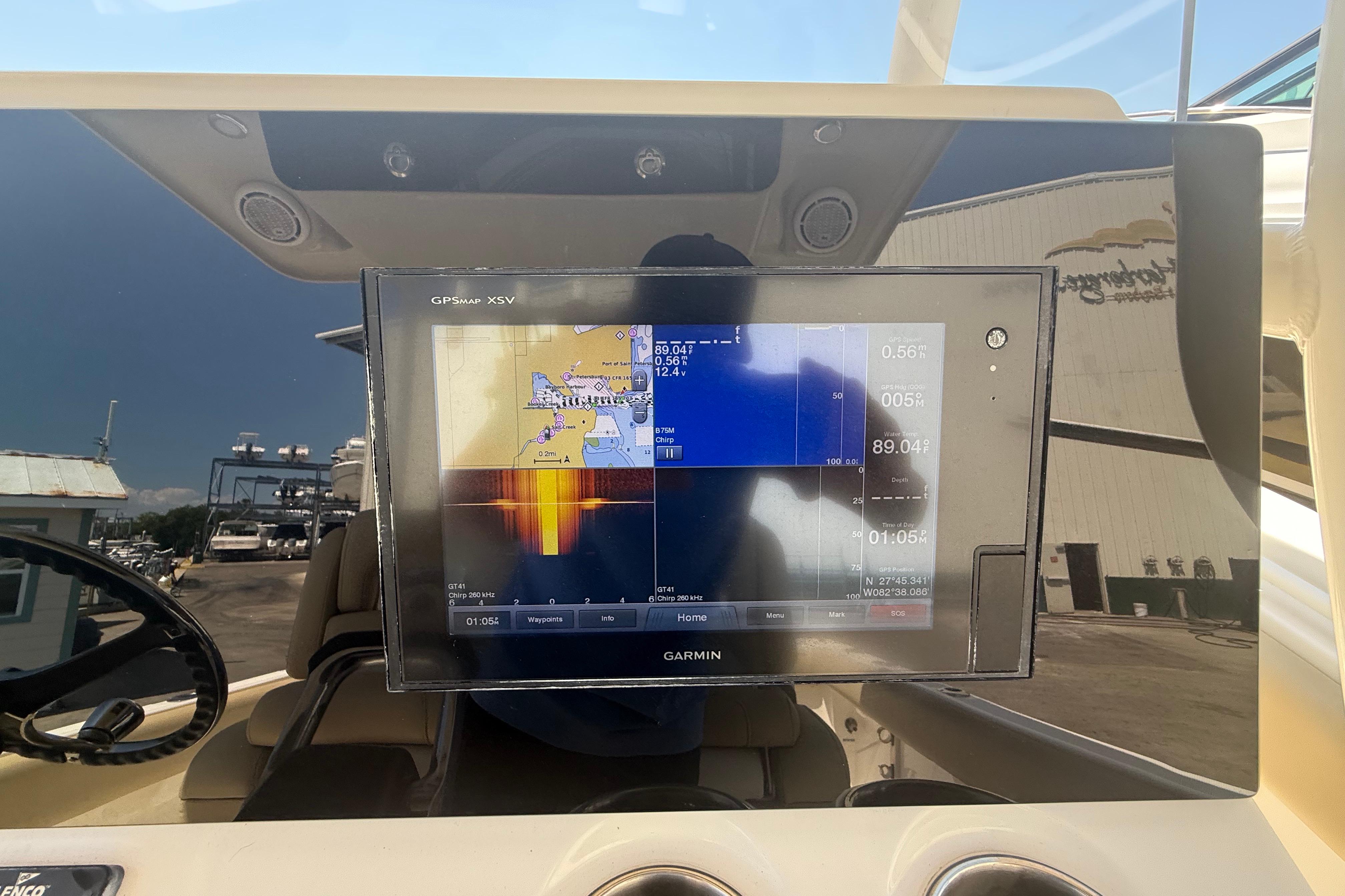 Garmin GPS display on 2019 Key West Billistic 281 Center Console boat dashboard.