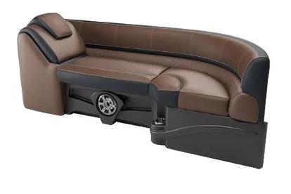 2026 Tahoe Pontoon Cascade Versatile Rear Bench, luxurious brown and black seating with cup holder.