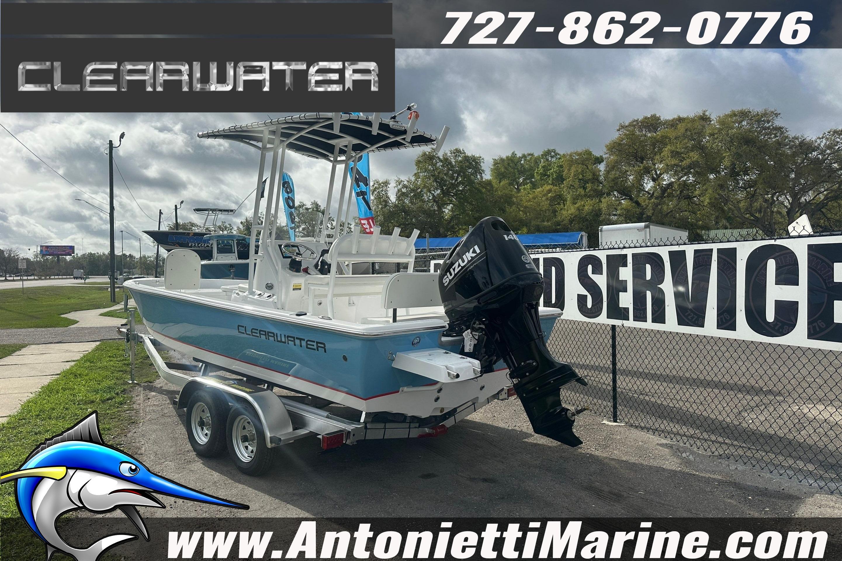 2026 Clearwater 2100 Bay boat with Suzuki engine at Antonietti Marine dealership.