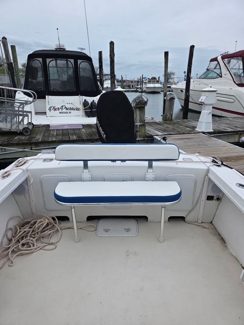 The boat features a white bench seat and is docked in a marina.