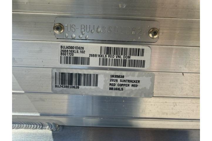 2026 Sun Tracker Bass Buggy 16 XL Select, red copper, serial and barcode details.