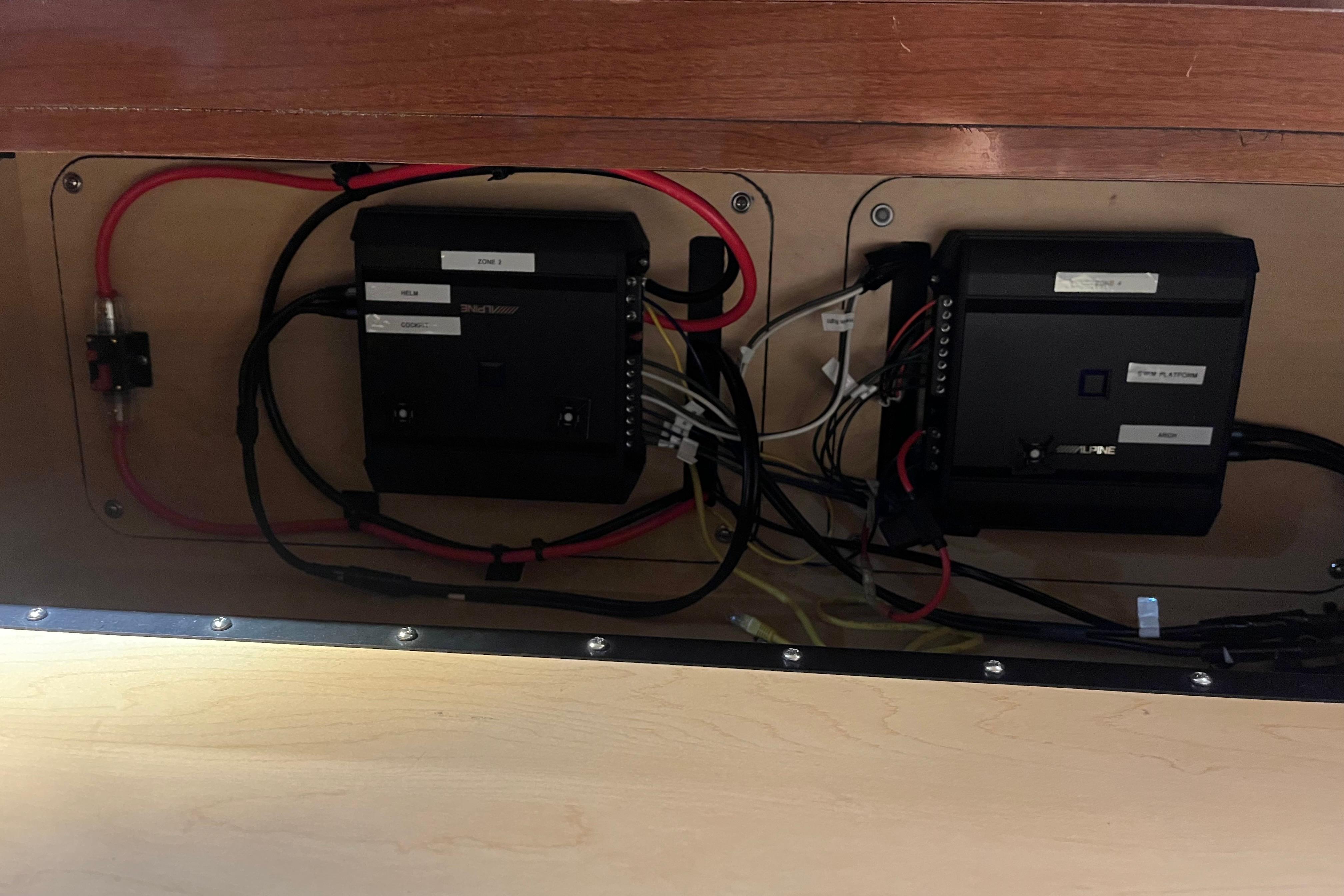 Electrical components inside a 2008 Sea Ray 350 Sundancer boat.