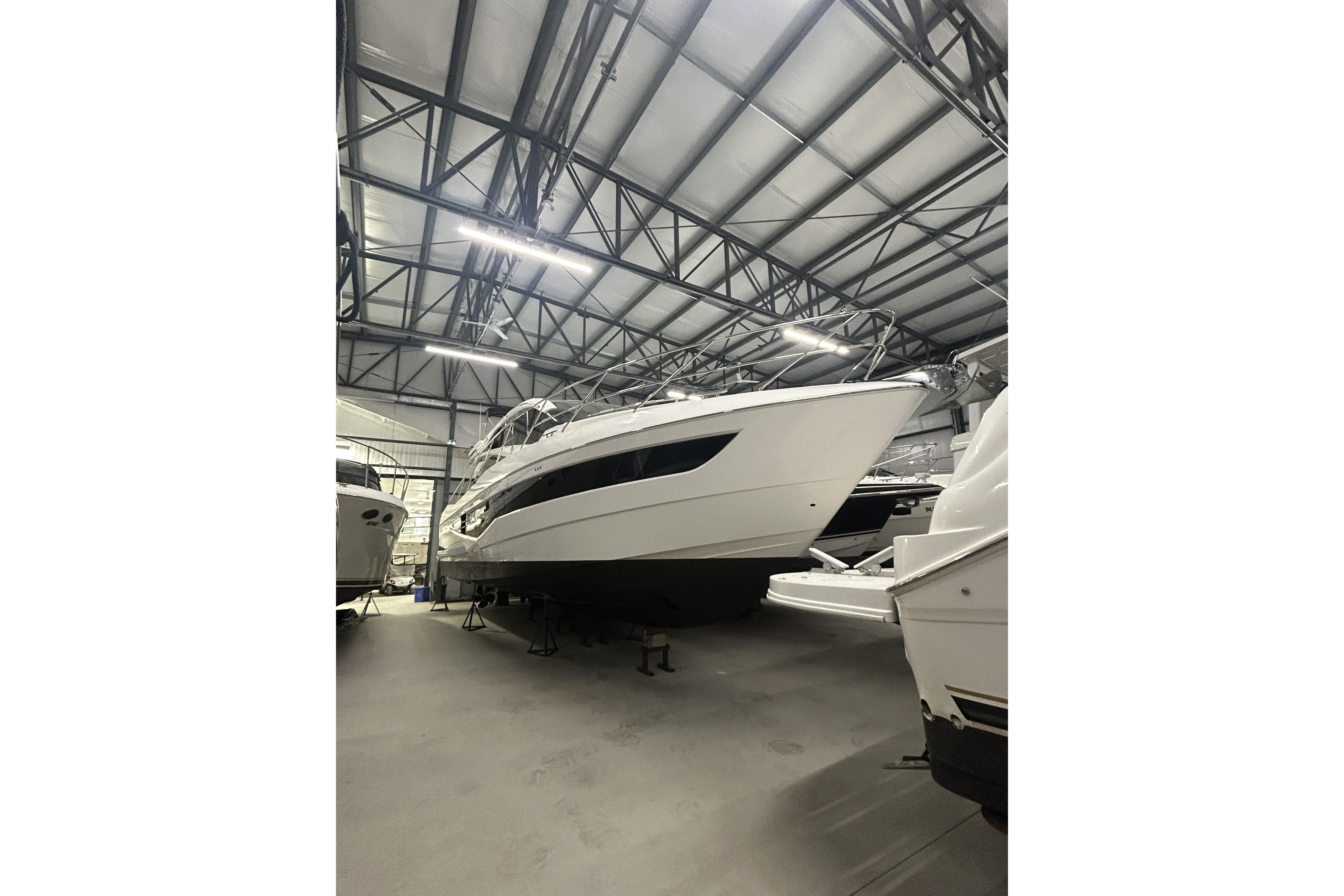 2018 Galeon 560 Sky yacht in indoor storage facility.