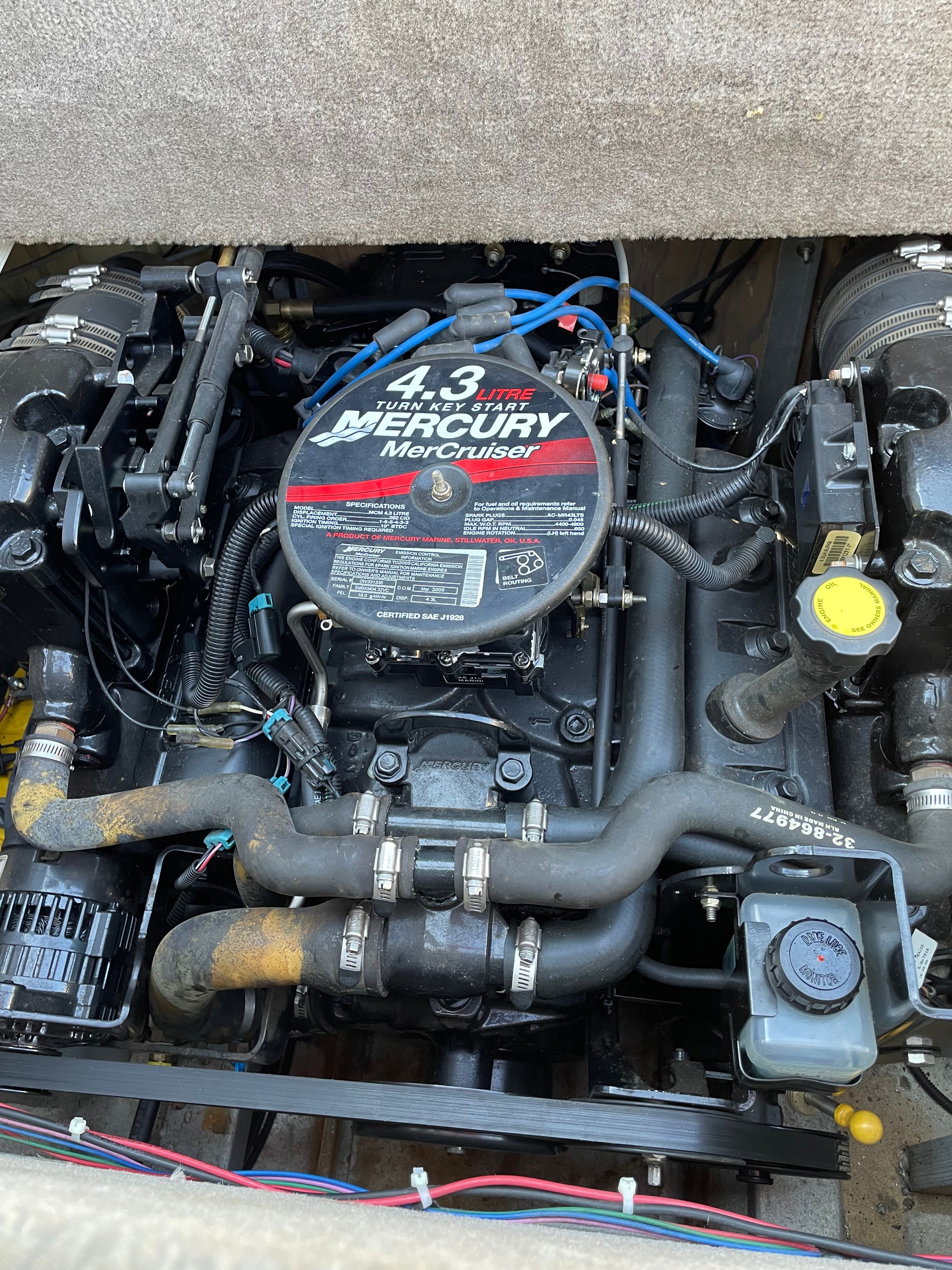 Engine of a 2005 Sun Tracker Party Deck 21 I/O boat.