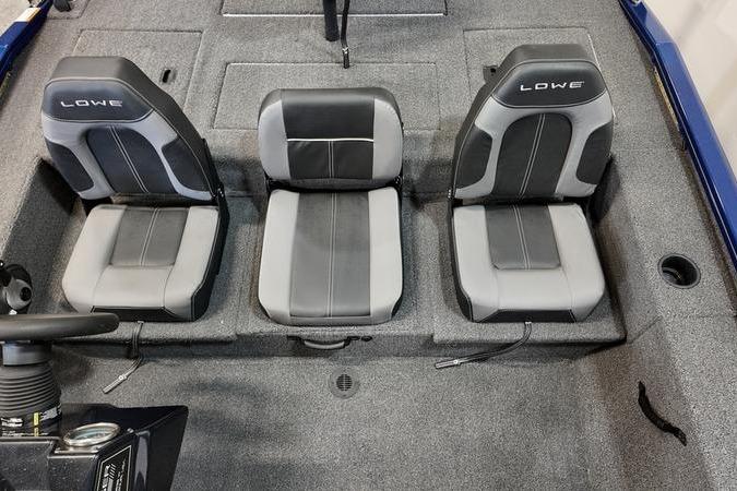 2024 Lowe Stinger 198 boat interior with three gray and black seats.