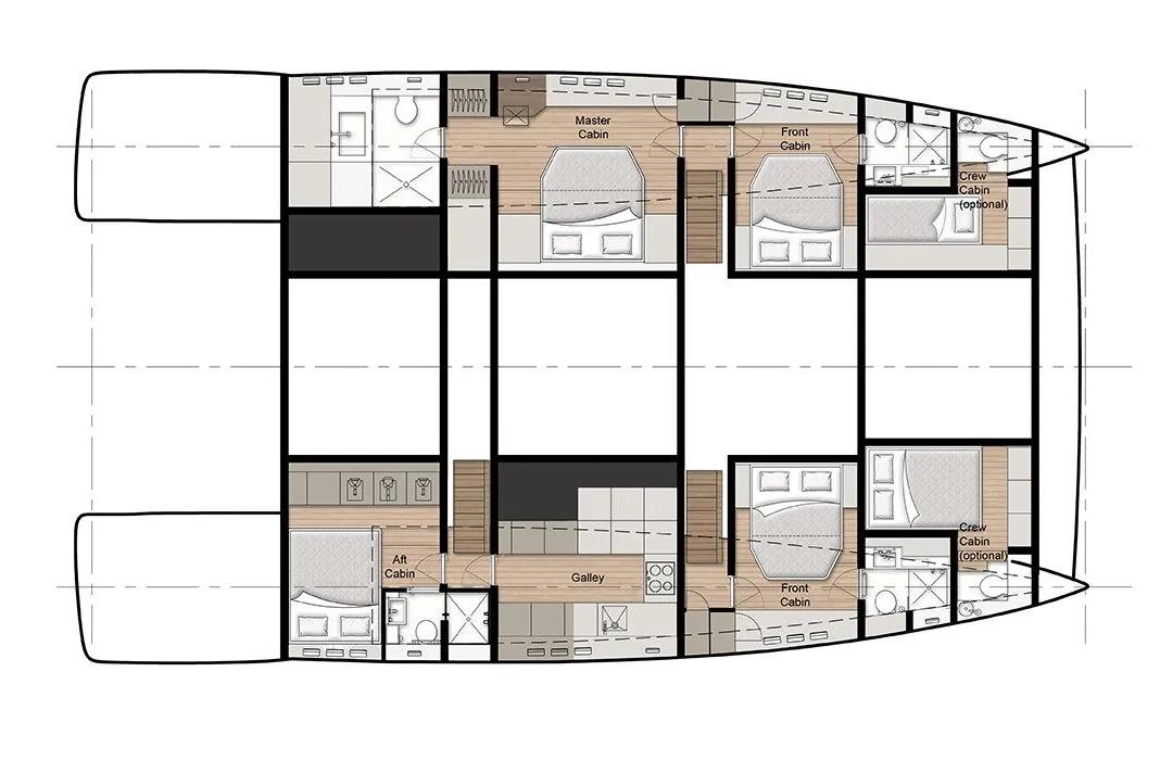 Floor plan of 2026 Sunreef 60 Power yacht, featuring cabins, galley, and optional crew quarters.