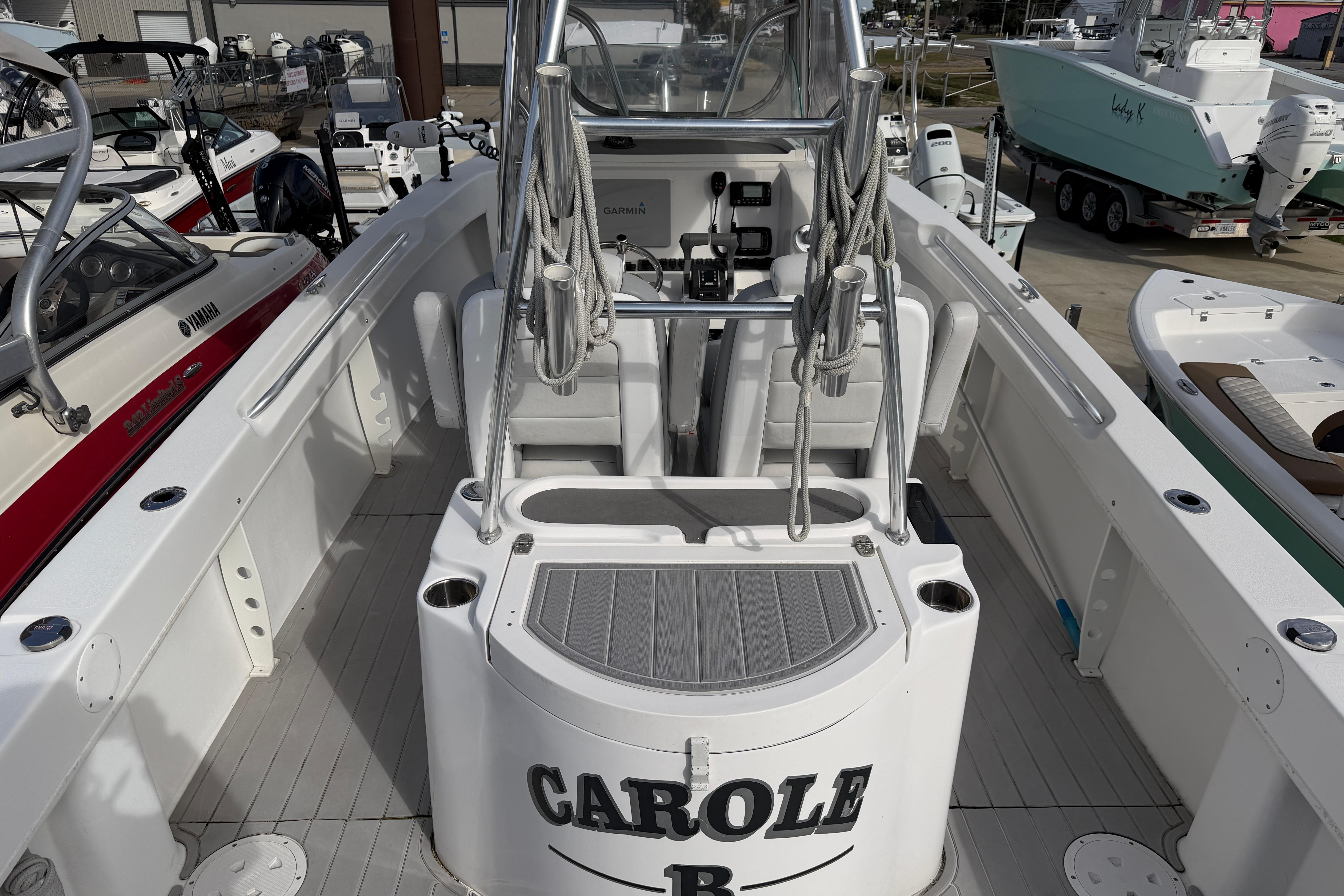 2018 Twin Vee 260 CC SE boat interior with helm and seating area.