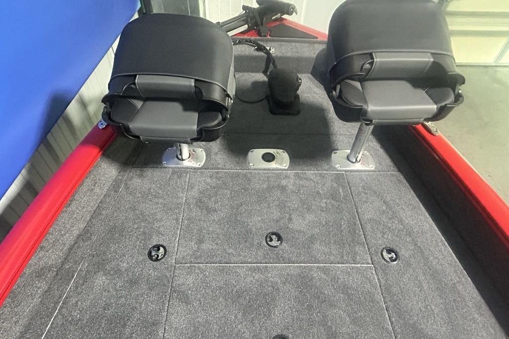 2026 Tracker Pro Team 175 Crappie Edition boat interior with dual seats and carpeted deck.