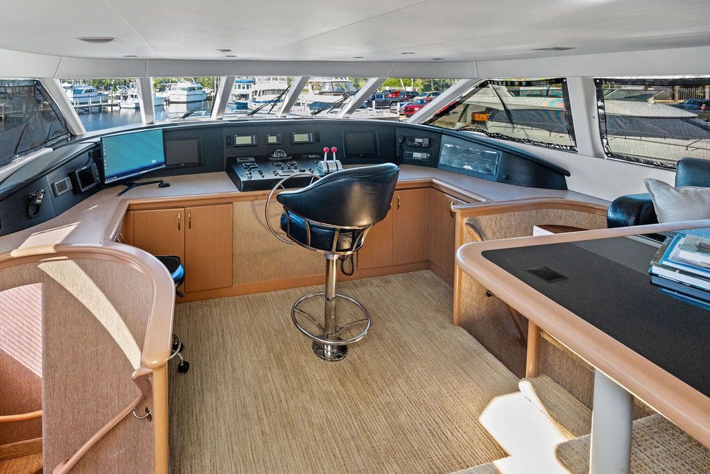 Interior view of a 1999 Westport 112 yacht helm station.