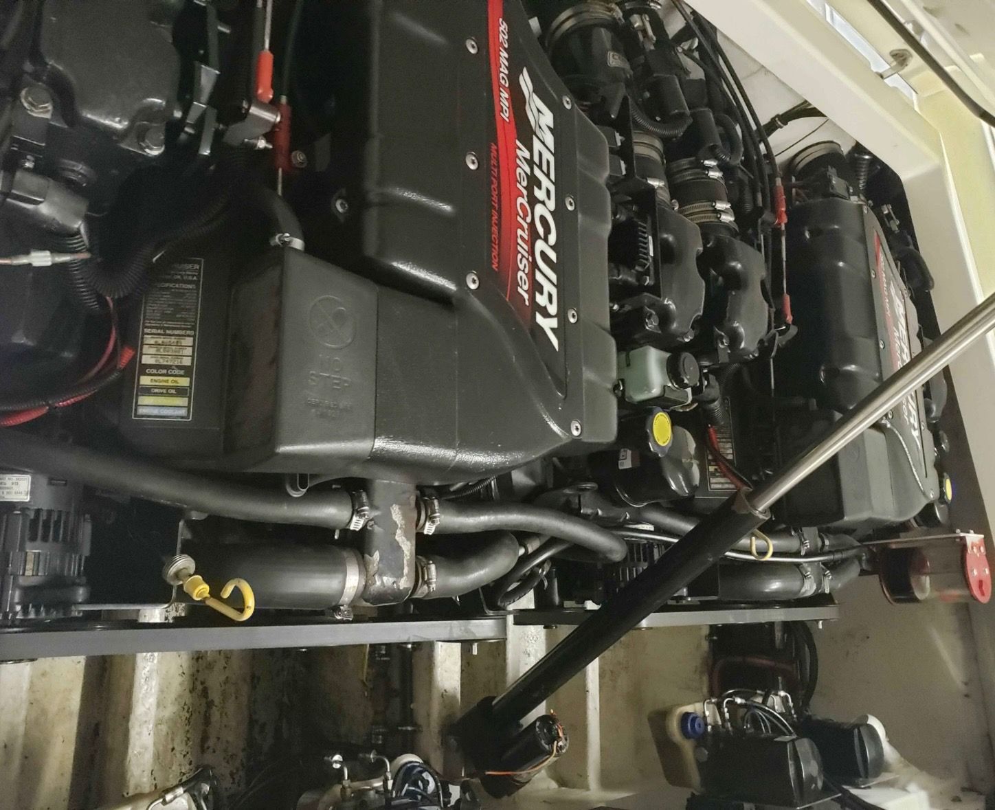 Engine compartment of a 2000 Fountain Fever boat with Mercury engine.