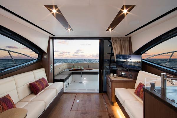 Manufacturer Provided Image: Luxurious interior of 2016 Sea Ray 400 Fly yacht with ocean view.