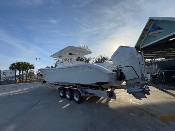 2025 Yellowfin 39 Offshore boat on trailer in marina setting.