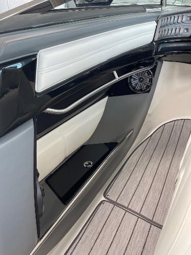 2005 Cobalt 343 boat interior with sleek design and modern audio system.