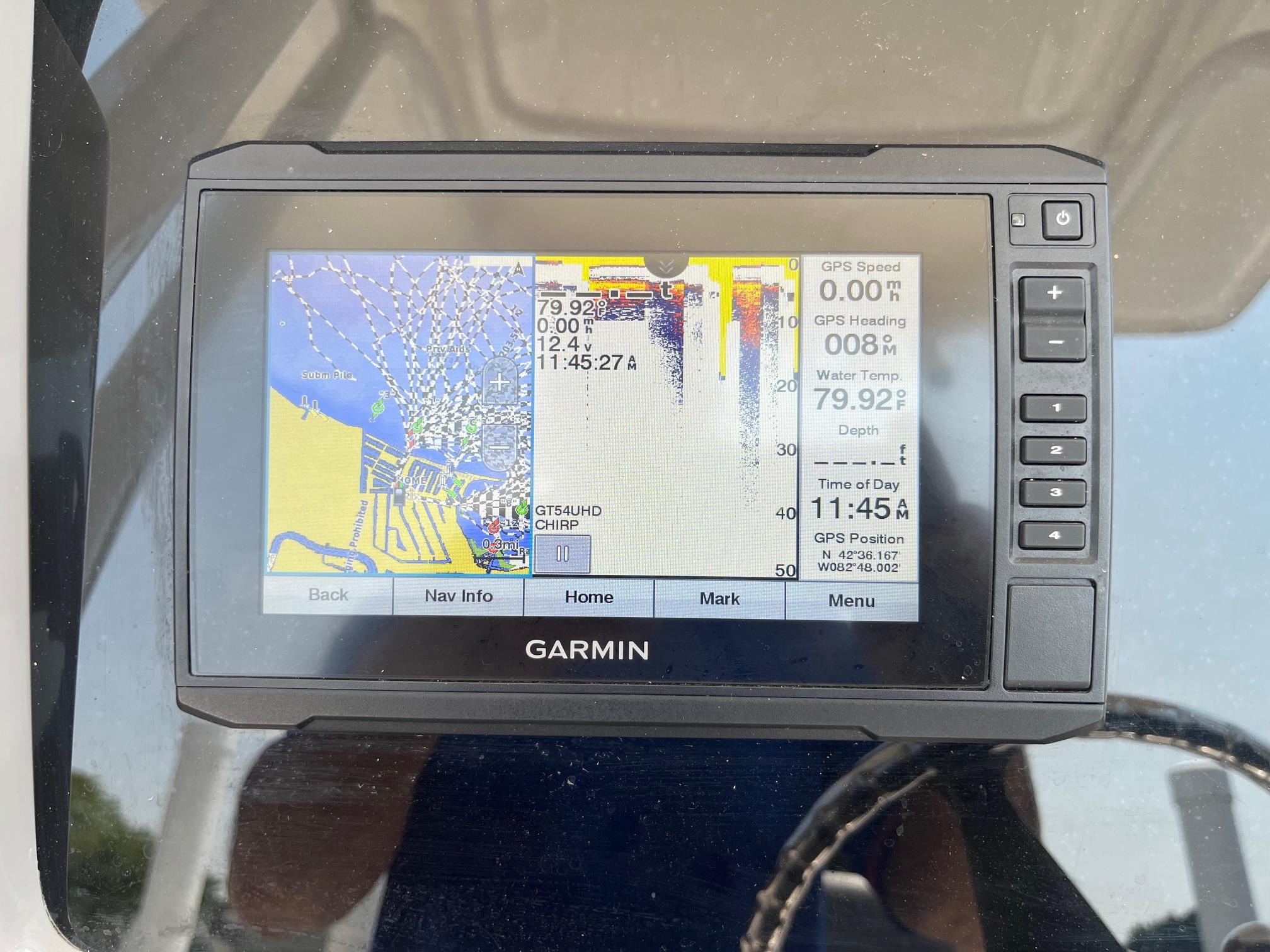 Garmin GPS display on 2020 Robalo R230 Center Console, showing navigation and water temperature.