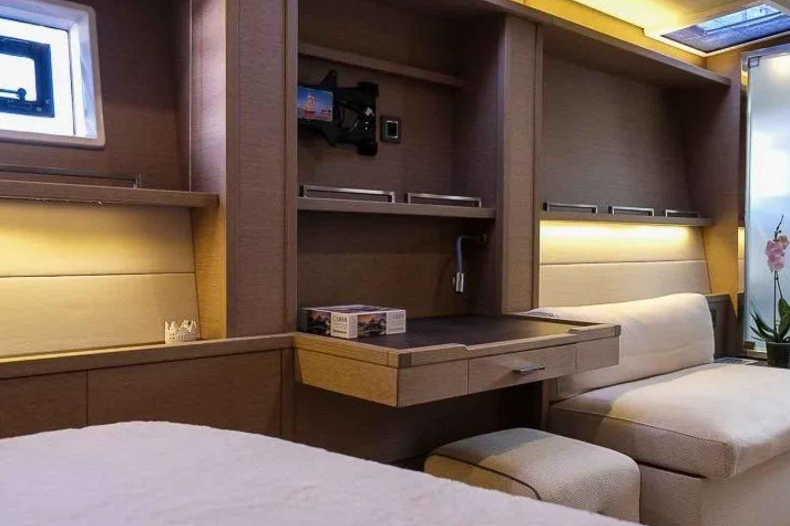 Luxurious interior of 2020 Lagoon 630 Motor Yacht with modern furnishings and ambient lighting.