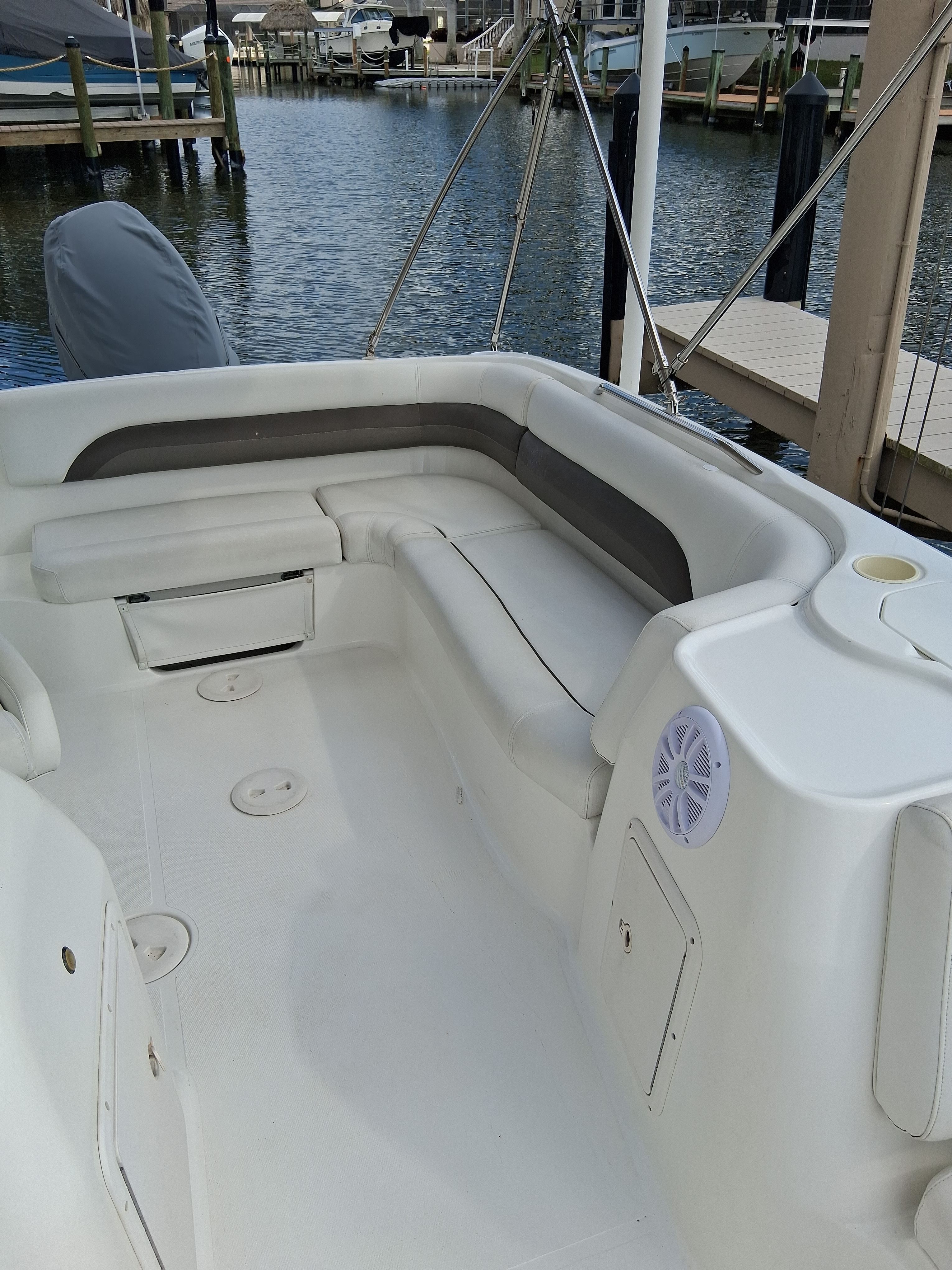 Interior of a 2013 Hurricane 188SD boat at the dock.