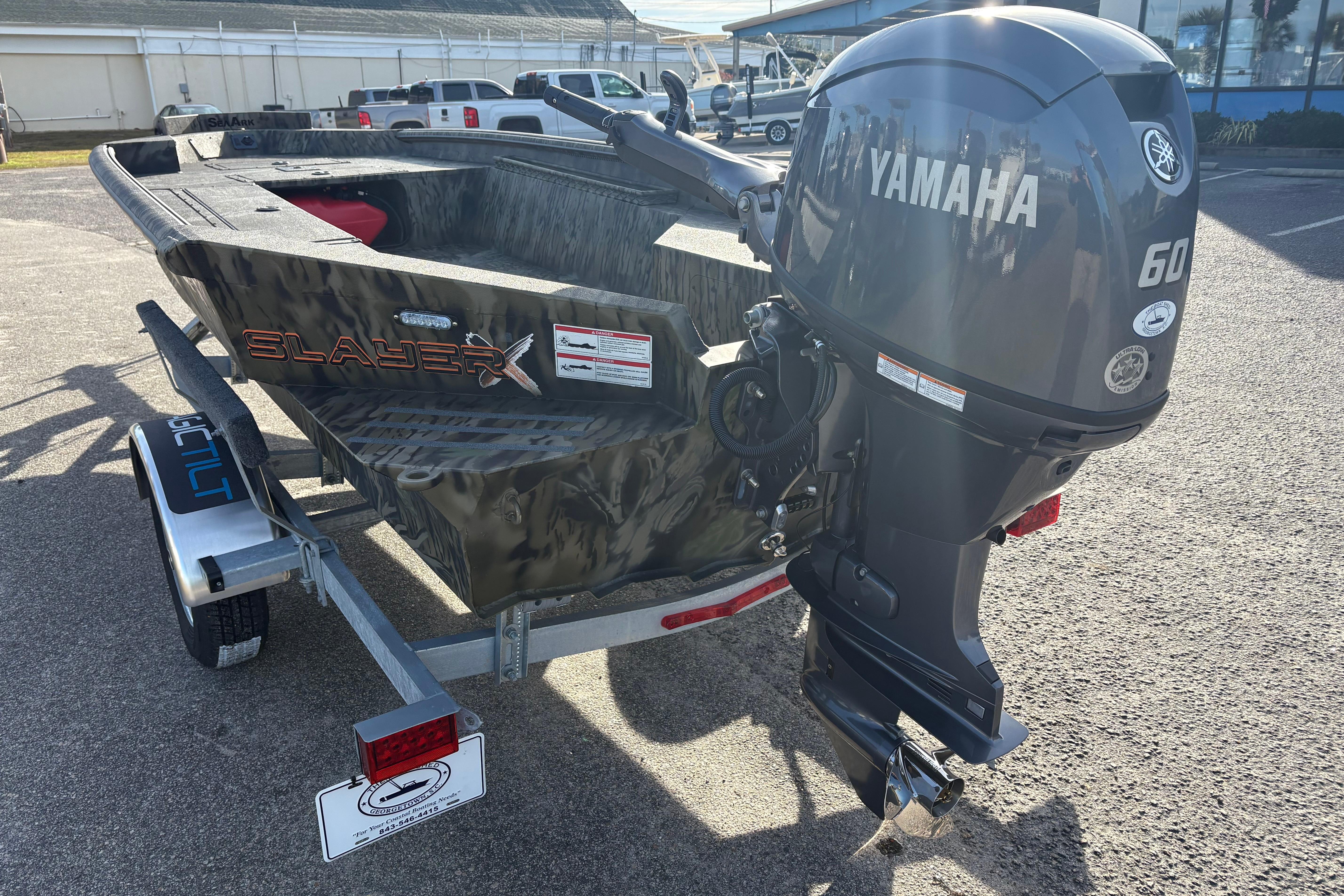 2026 SeaArk 1752 Slayer X boat with Yamaha 60 outboard motor on trailer.