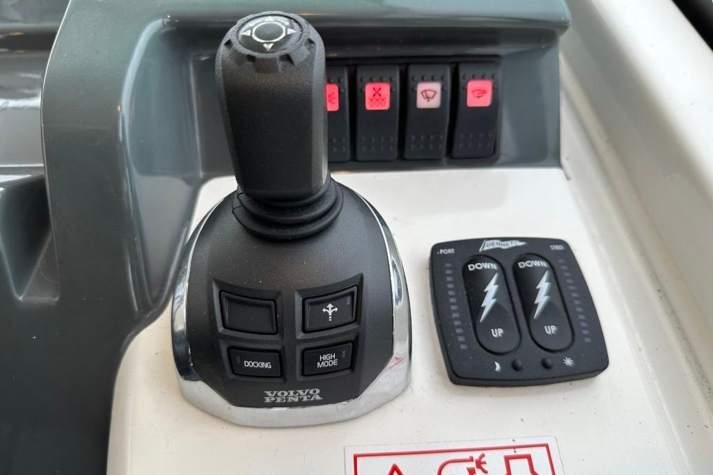 Control panel of a 2017 Bavaria S40 HT boat with joystick and switches.