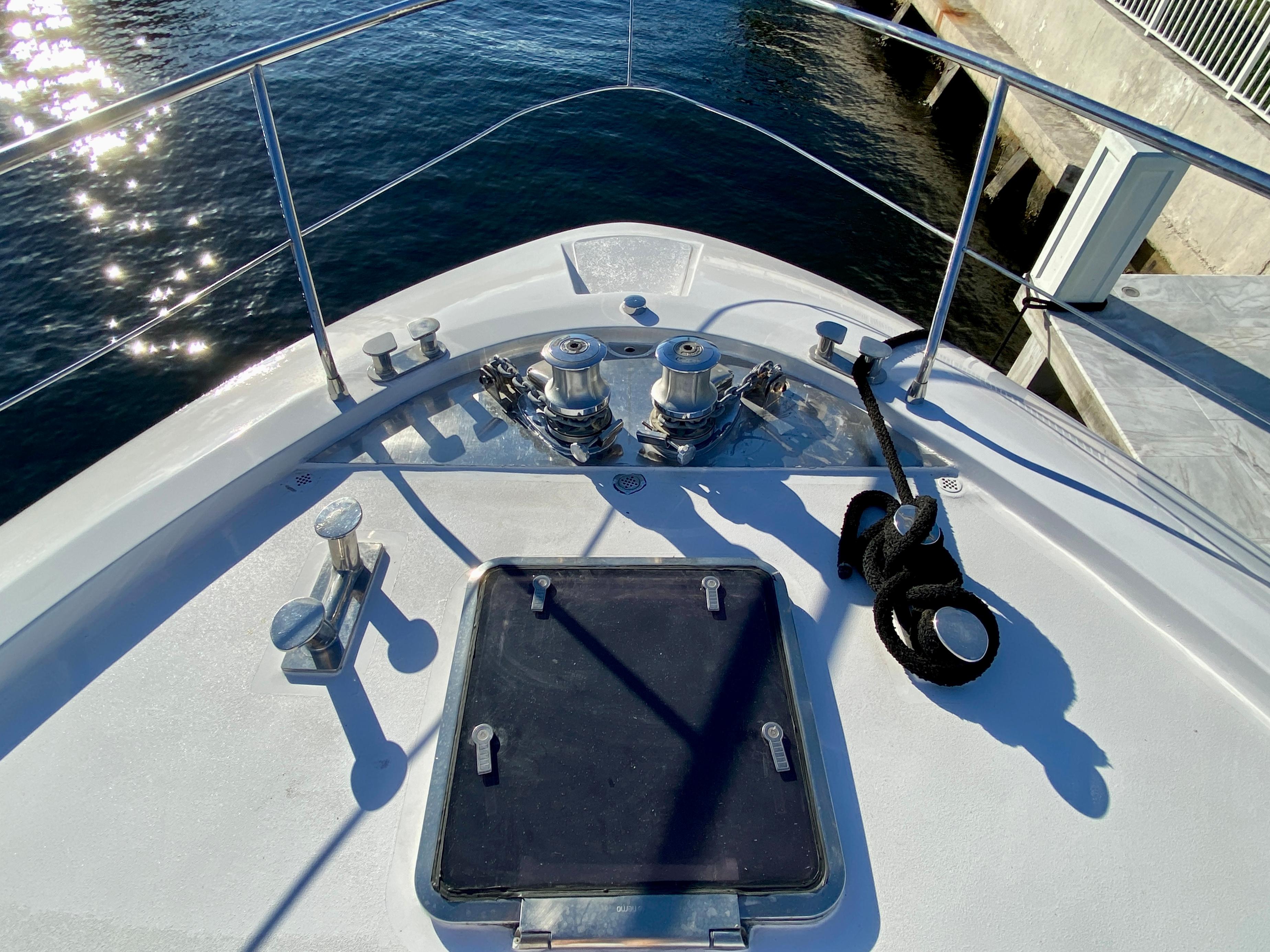 Bow of 2007 Rodriquez 80 Widebody yacht with winches and mooring equipment.