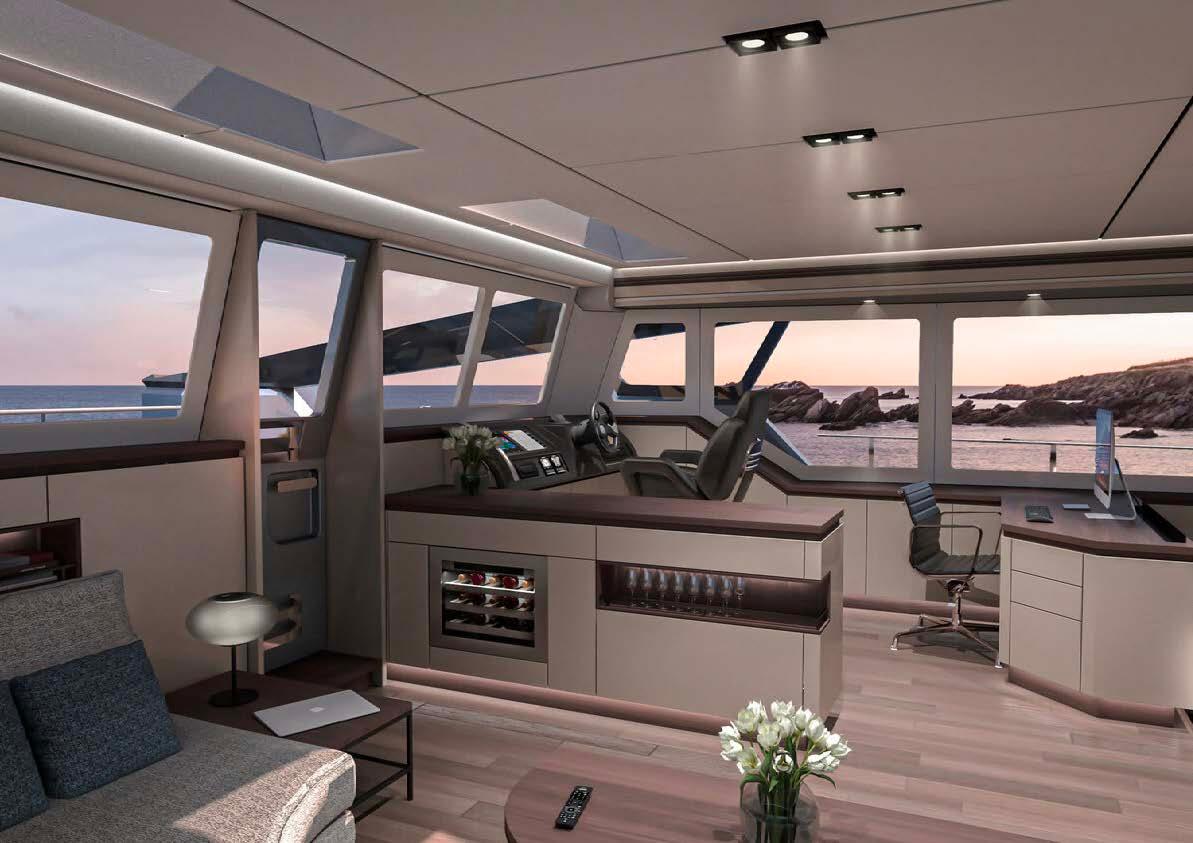 Luxurious interior of a 2026 custom electric solar catamaran with panoramic ocean views.