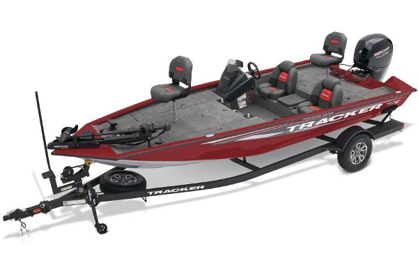 Manufacturer Provided Image: 2025 Tracker Pro Team 195 Tournament Edition boat, red with trailer, featuring multiple seats and motor.