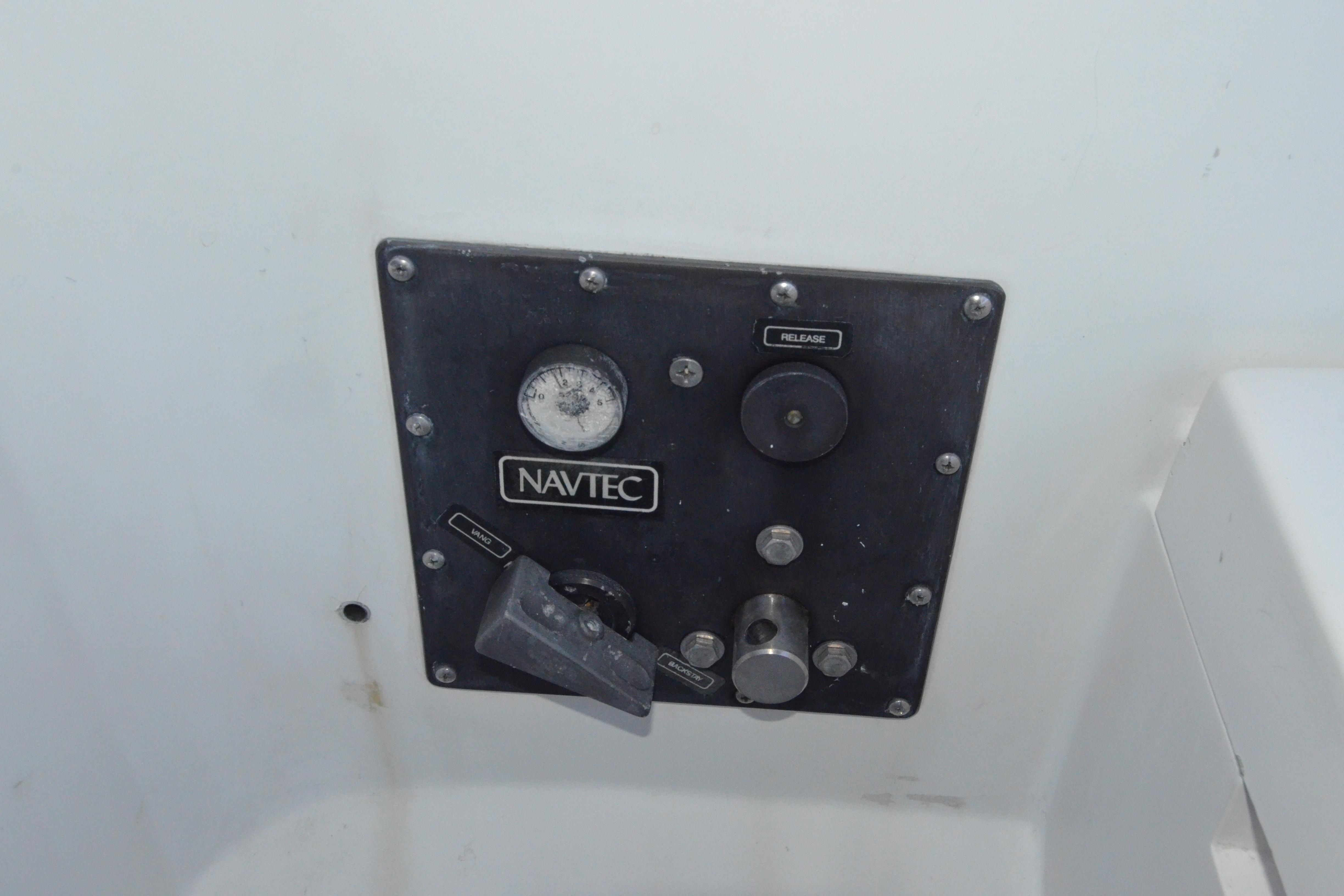 Control panel of a 1983 Nordic 44 sailboat featuring Navtec hydraulic system.