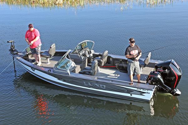 Manufacturer Provided Image: 2019 Lund 2175 Pro-V fishing boat with two anglers on a calm lake.