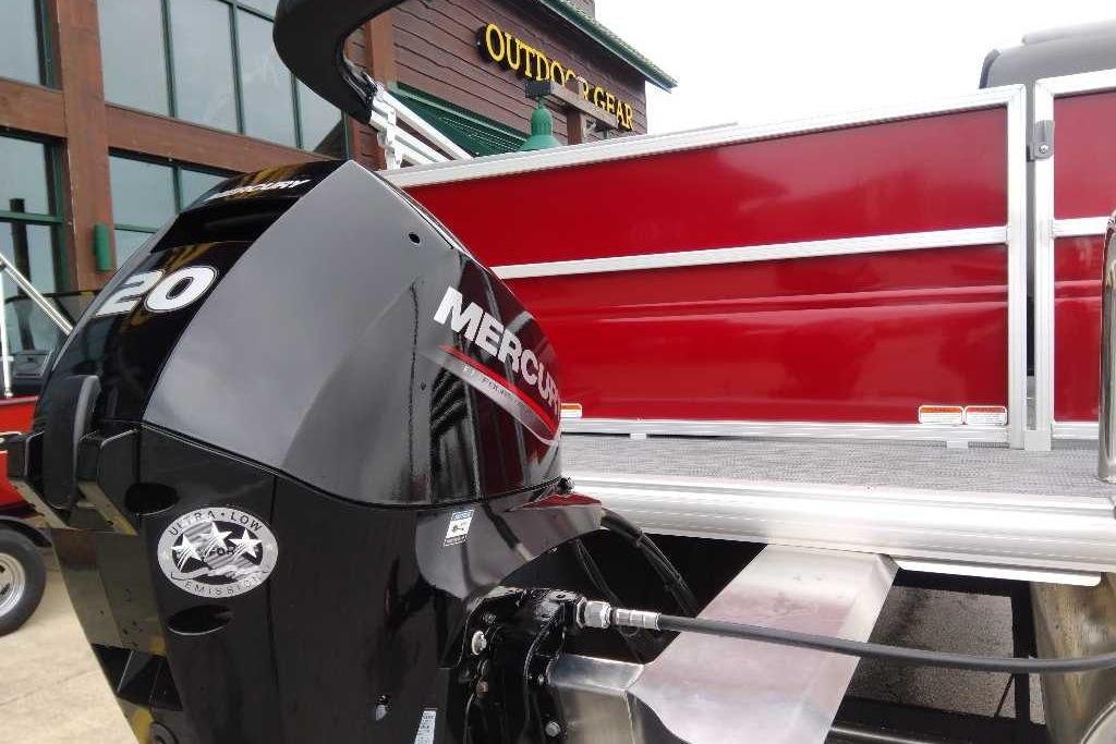 2026 Sun Tracker Party Barge 16 DLX with Mercury 20 engine, red exterior.