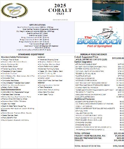 2025 Cobalt CS23 boat specifications and pricing details brochure.