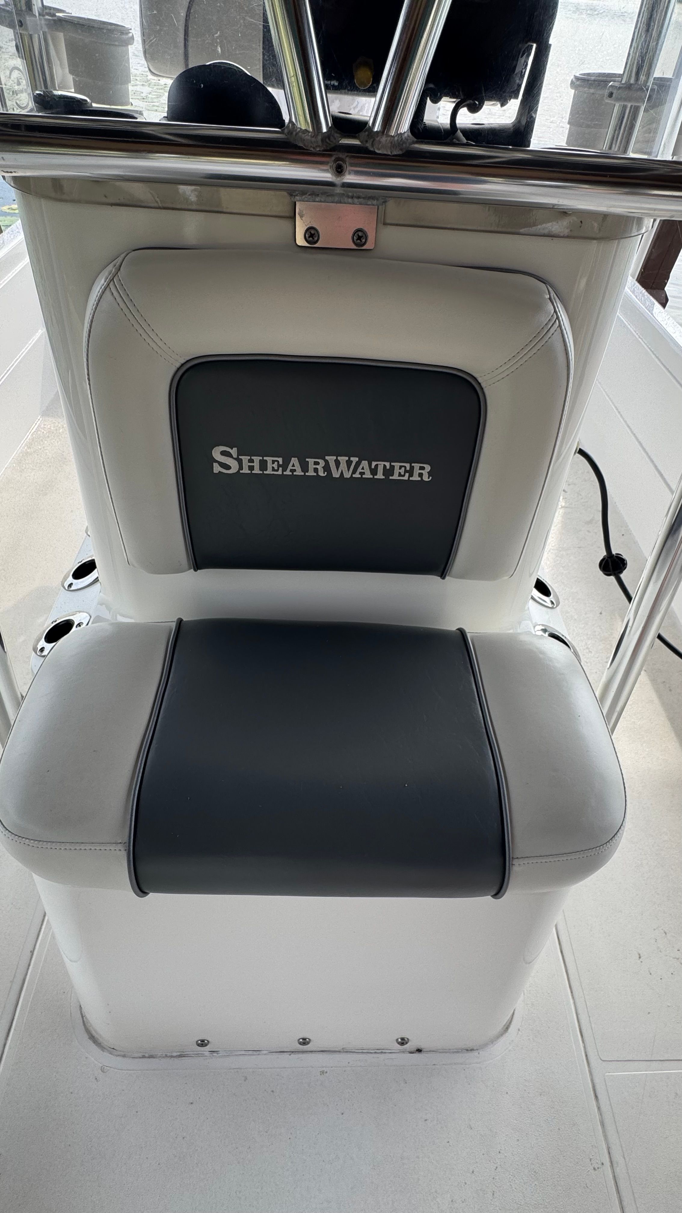 ShearWater LTZ 2004 boat seat with gray upholstery.